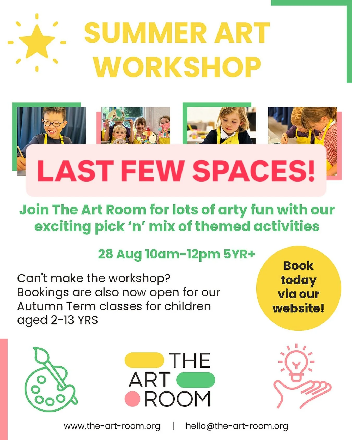🖌️😊🎨

Book your child into our summer workshop today to secure one of the LAST FEW SPACES in our fun and relaxed arty session!
 
With an exciting pick &lsquo;n&rsquo; mix of themed art activities for children, our summer workshop will follow the s