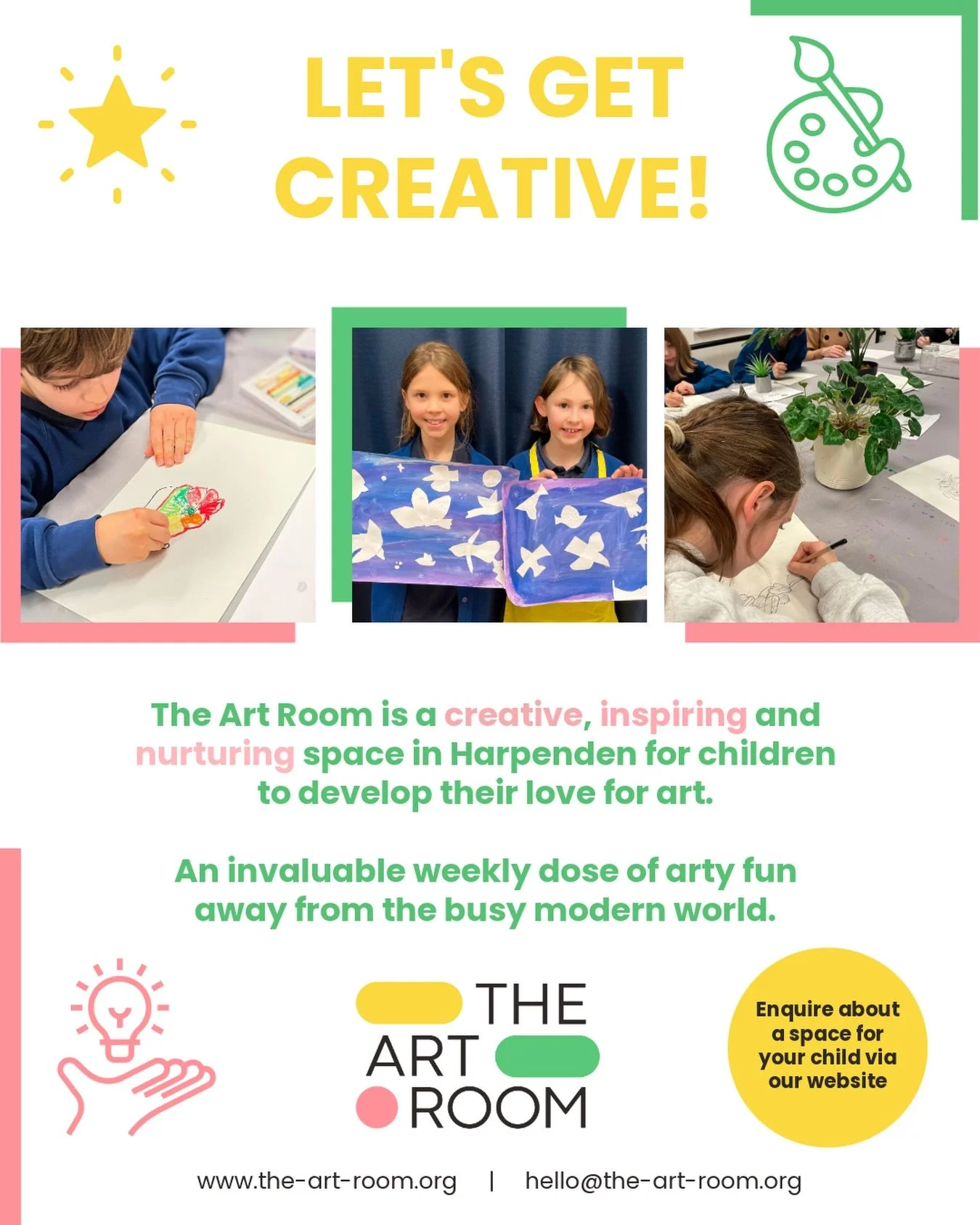 🧑&zwj;🎨 

✨ Book your child into our summer term classes today! ✨ 

Our inspiring and fun new summer term programme is planned and ready to start this Thursday!
Can&rsquo;t wait 🙌 

The Art Room provides:
* Weekly creativity for children
* Aged 4-
