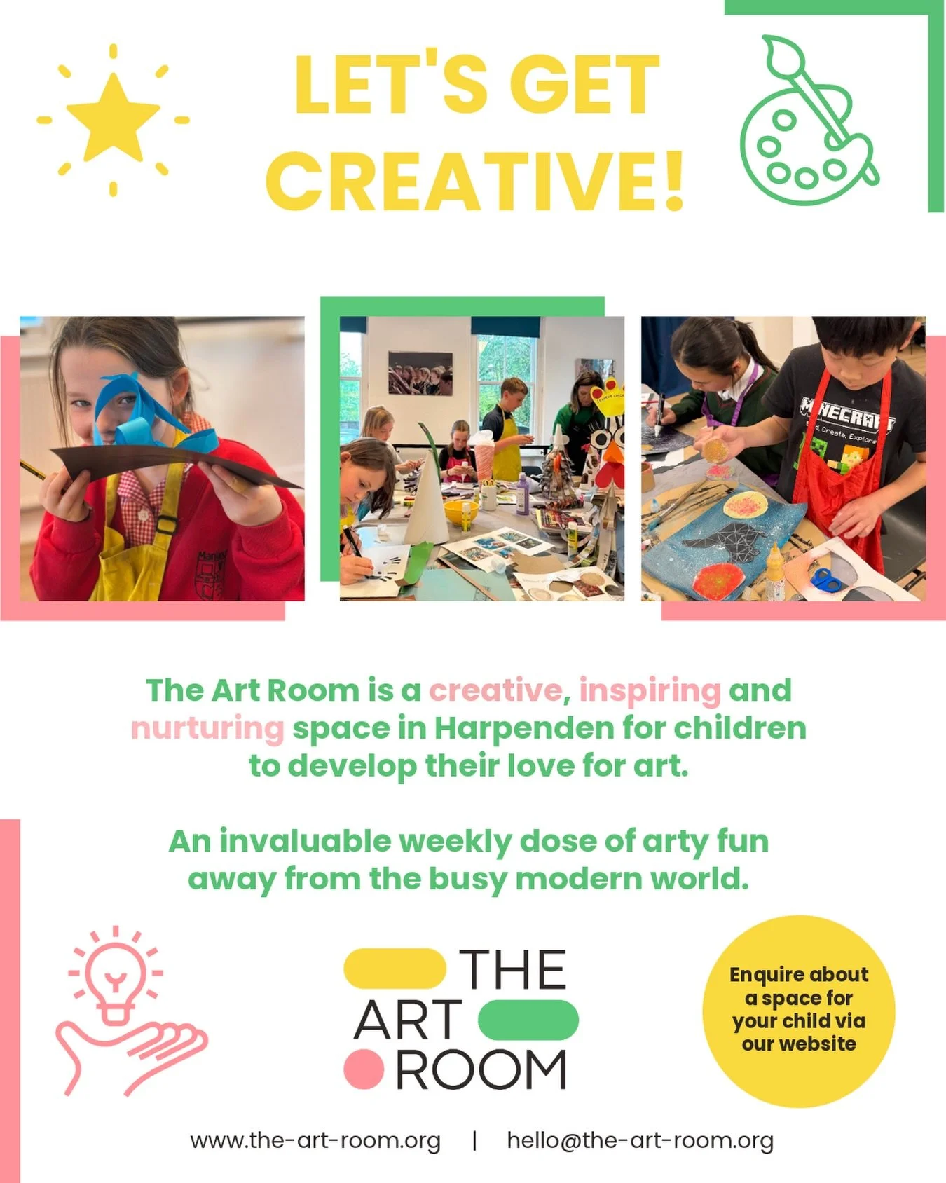 🧑&zwj;🎨

Book your child into our inspiring, fun and super friendly summer classes at The Art Room! ✨ 

The Art Room provides:
😊 Weekly creativity for children
✏️ Aged 4-13 yrs
📍 at Musicale 
🎨 Thursdays, Term-Time
🖌️ 3.50 and 5.00pm

Happy you