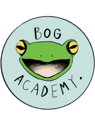 A cartoon frog with a big, open mouth and yellow eyes, inside a circular logo with the words 'Bog Academy' written around it.