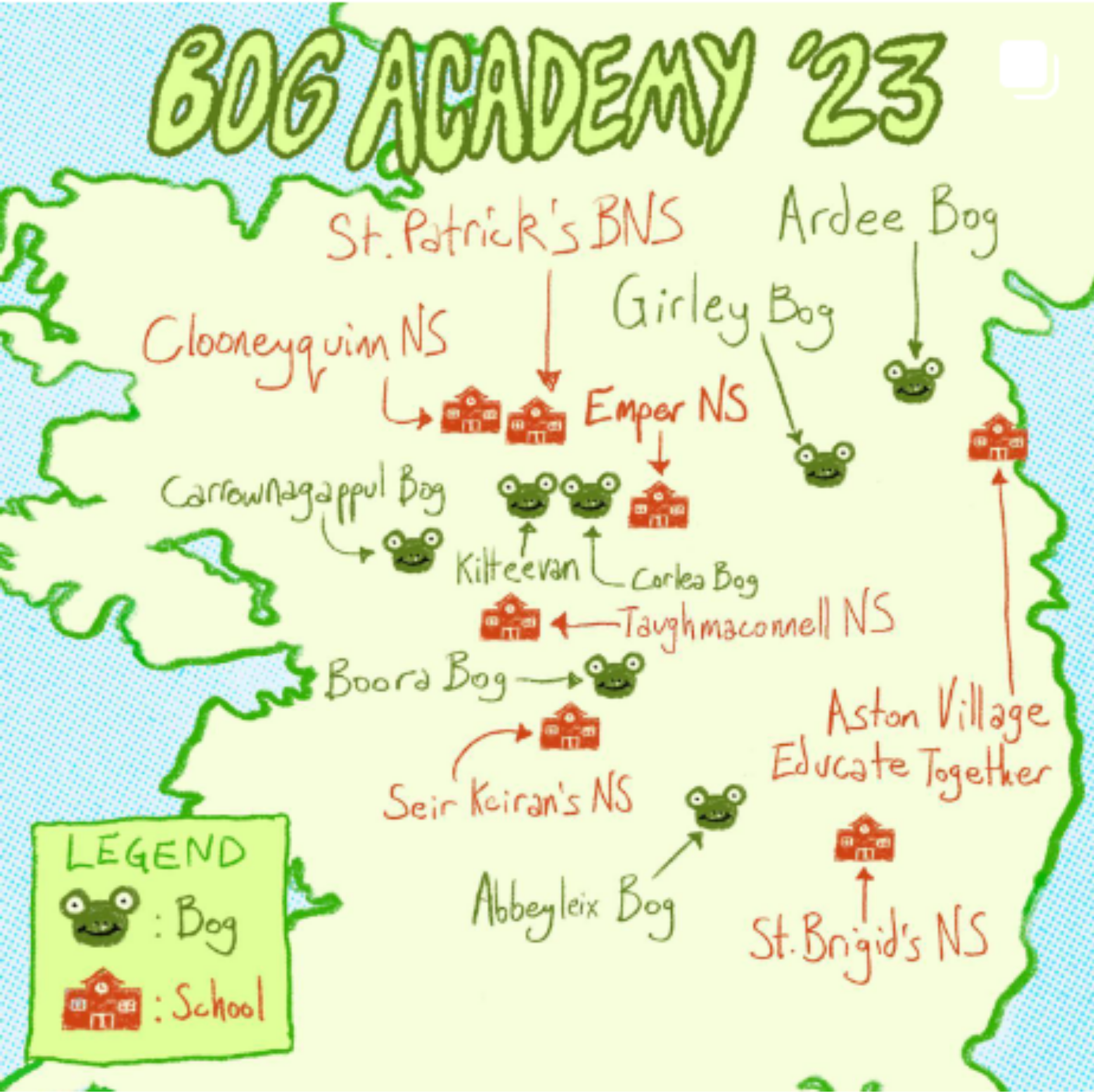 Colorful map of a region in Ireland with notable landmarks and landmarks labeled, including parks, schools, and historical sites, with icons representing different locations and attractions.