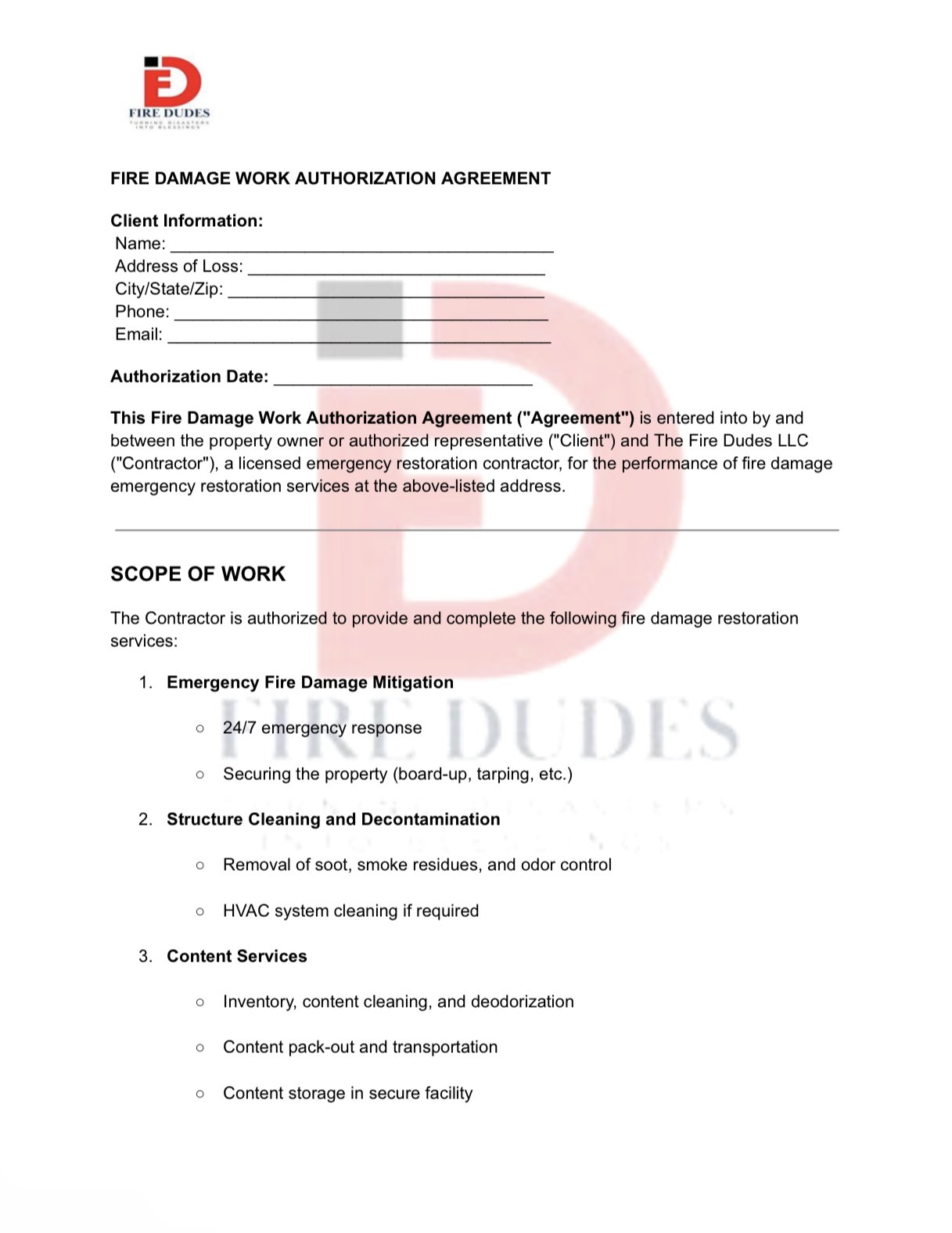 FIRE DAMAGE WORK AUTHORIZATION AGREEMENT