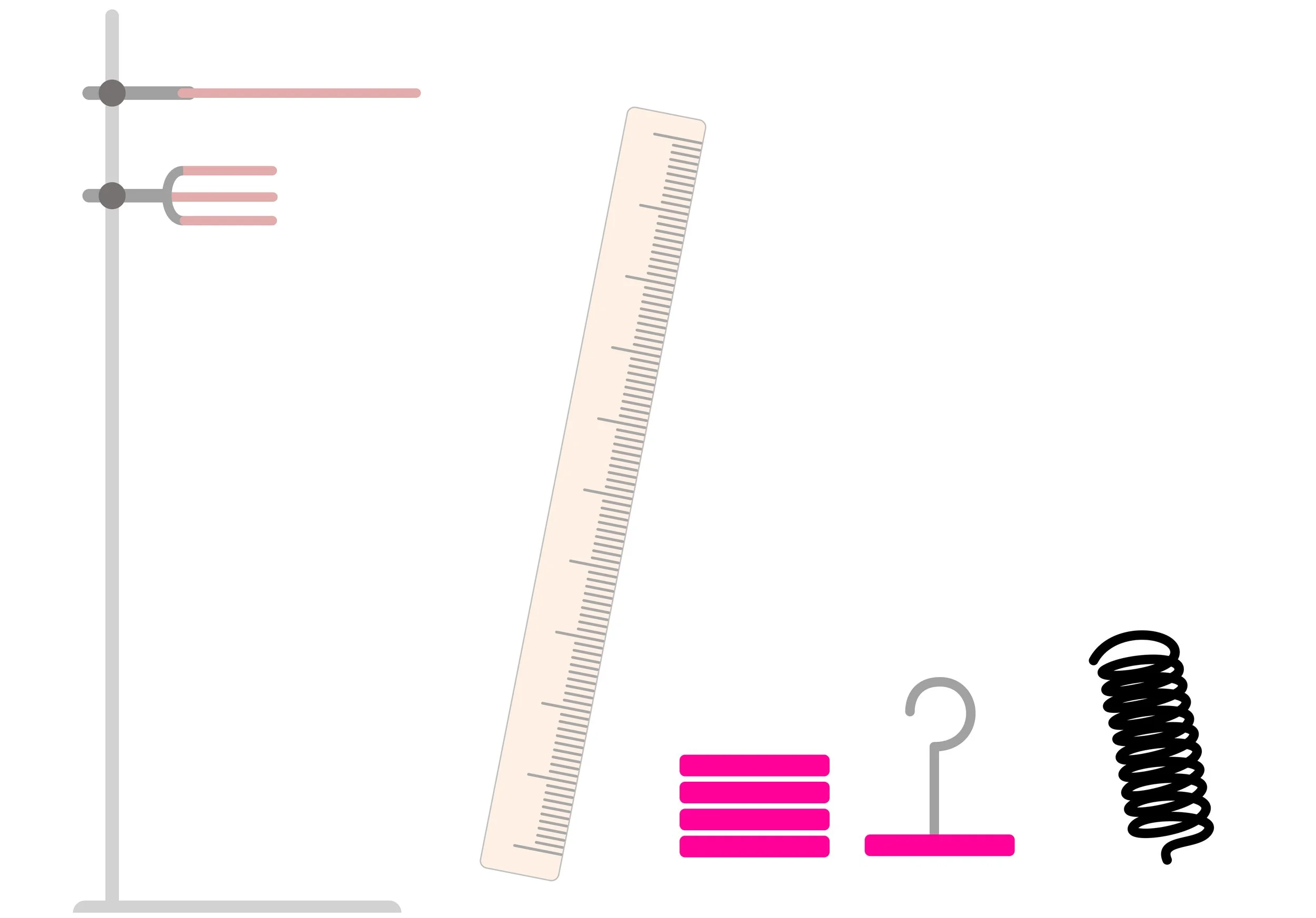 Unassembled spring, clamp stand, ruler and masses for students to recall how to set up the force and extension required practical.