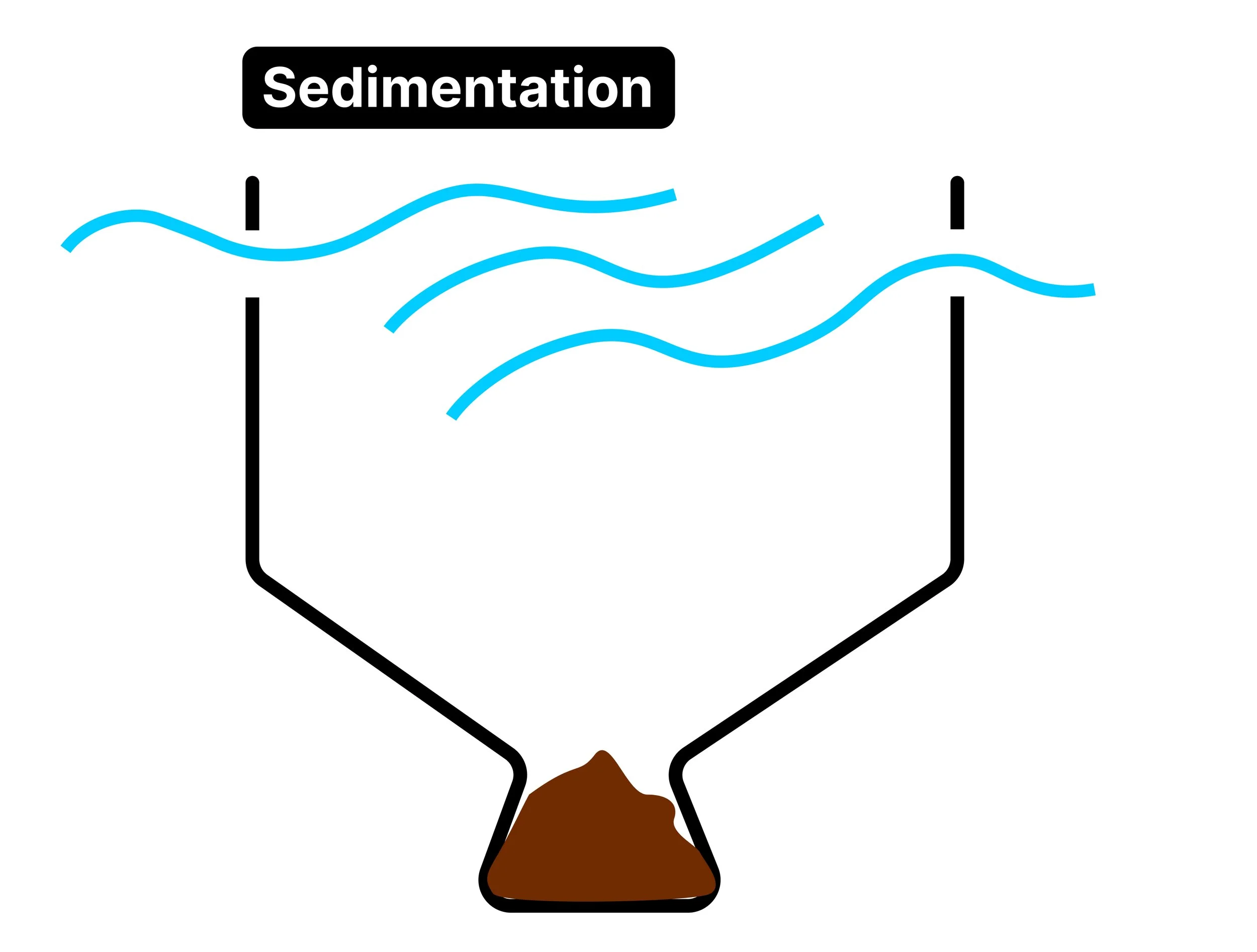 Vector graphic showing a sedimentation tank outline with water flowing into and out of it and brown sludge sunk at the bottom. Text reads: sedimentation.