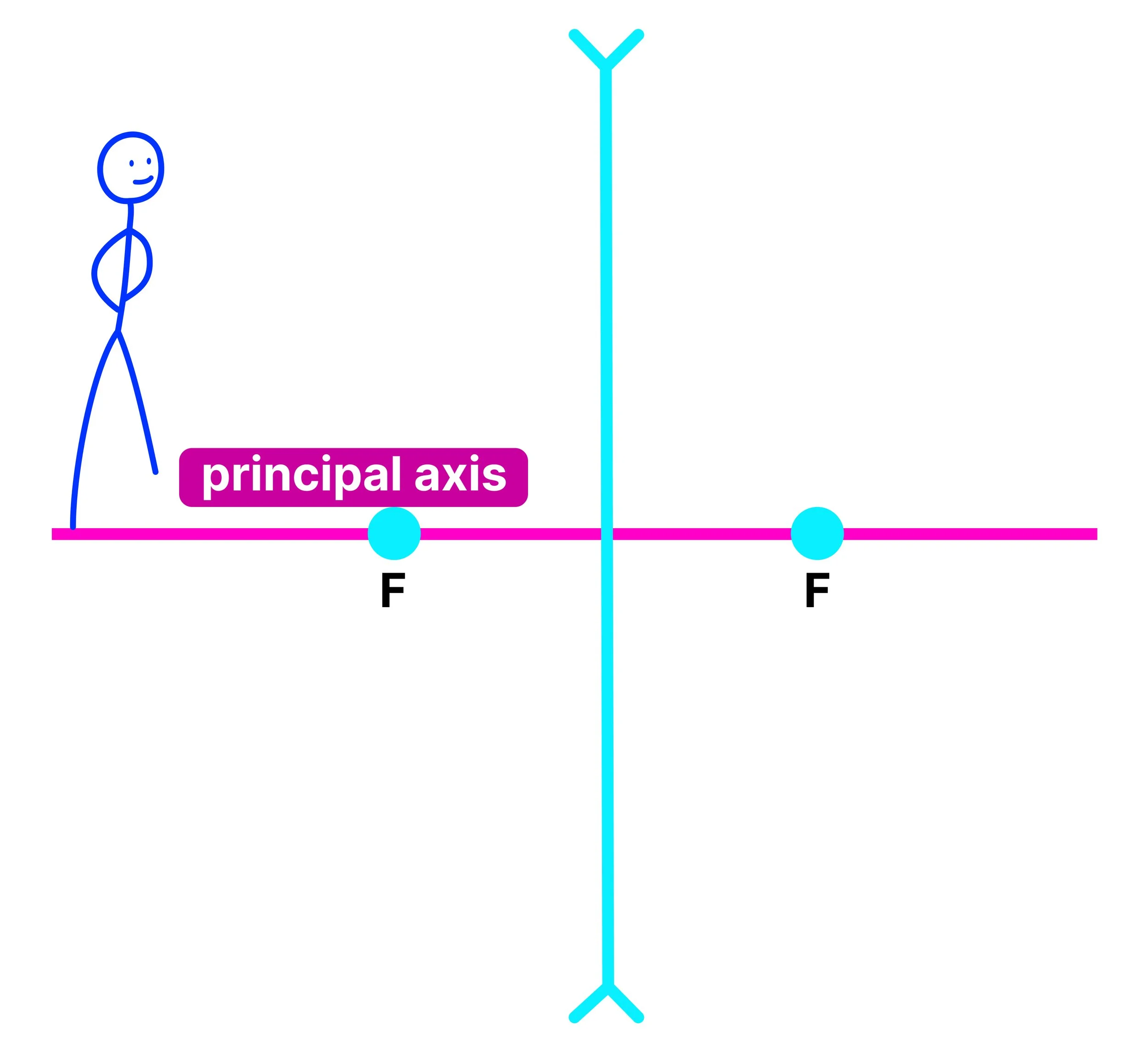 Concave lens diagram showing an object, principal axis and principal focus points.