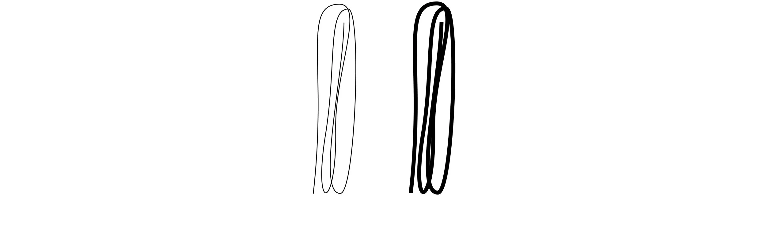 Two loops of string shown side by side. The string on the left is thinner than the string on the right.