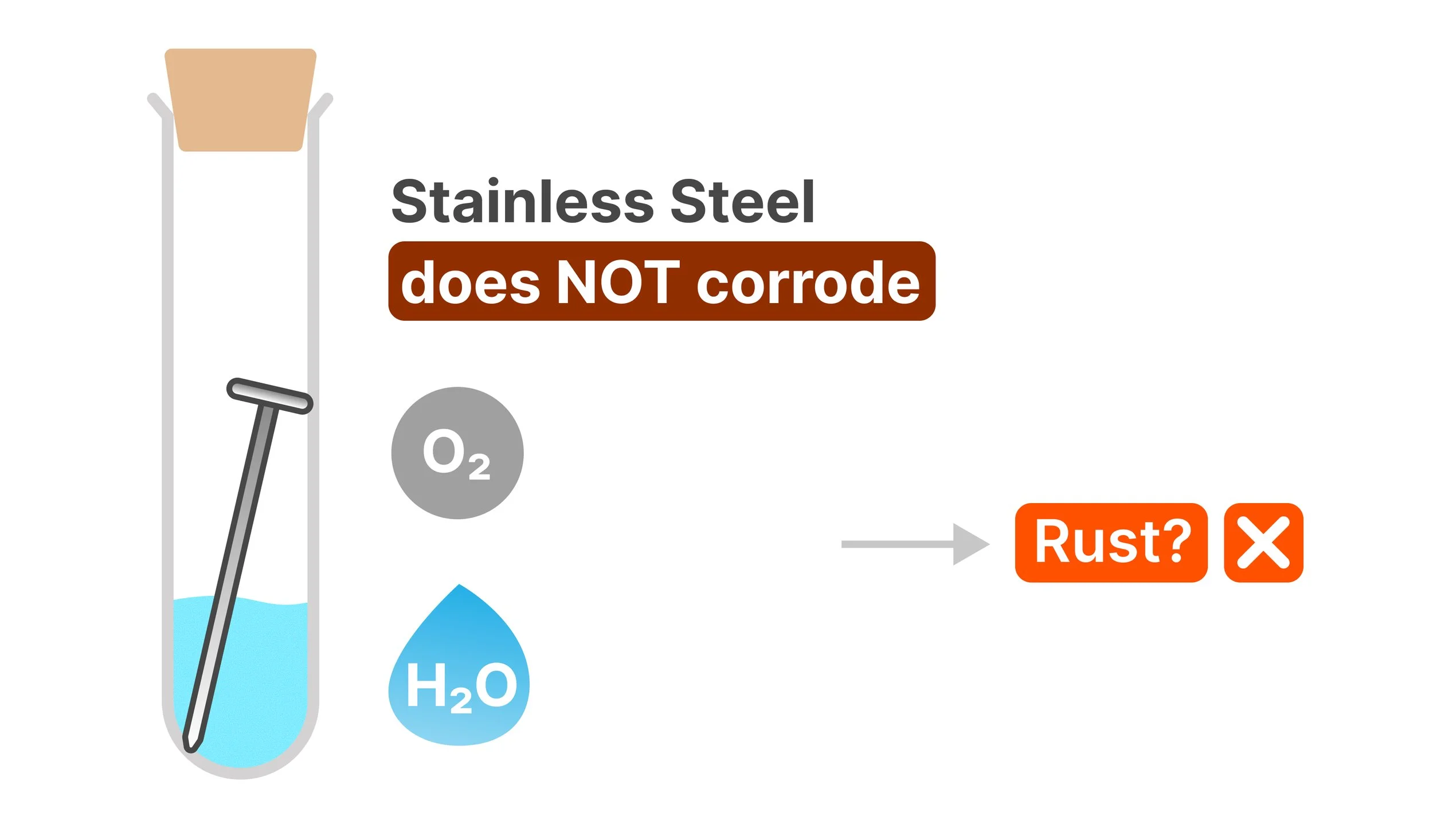 Tube 4 with stainless steel nail in water. Water droplet with water formula and circle with oxygen formula inside indicate presence of both. Text reads: Stainless steel does NOT corrode. Rust? with a. cross.