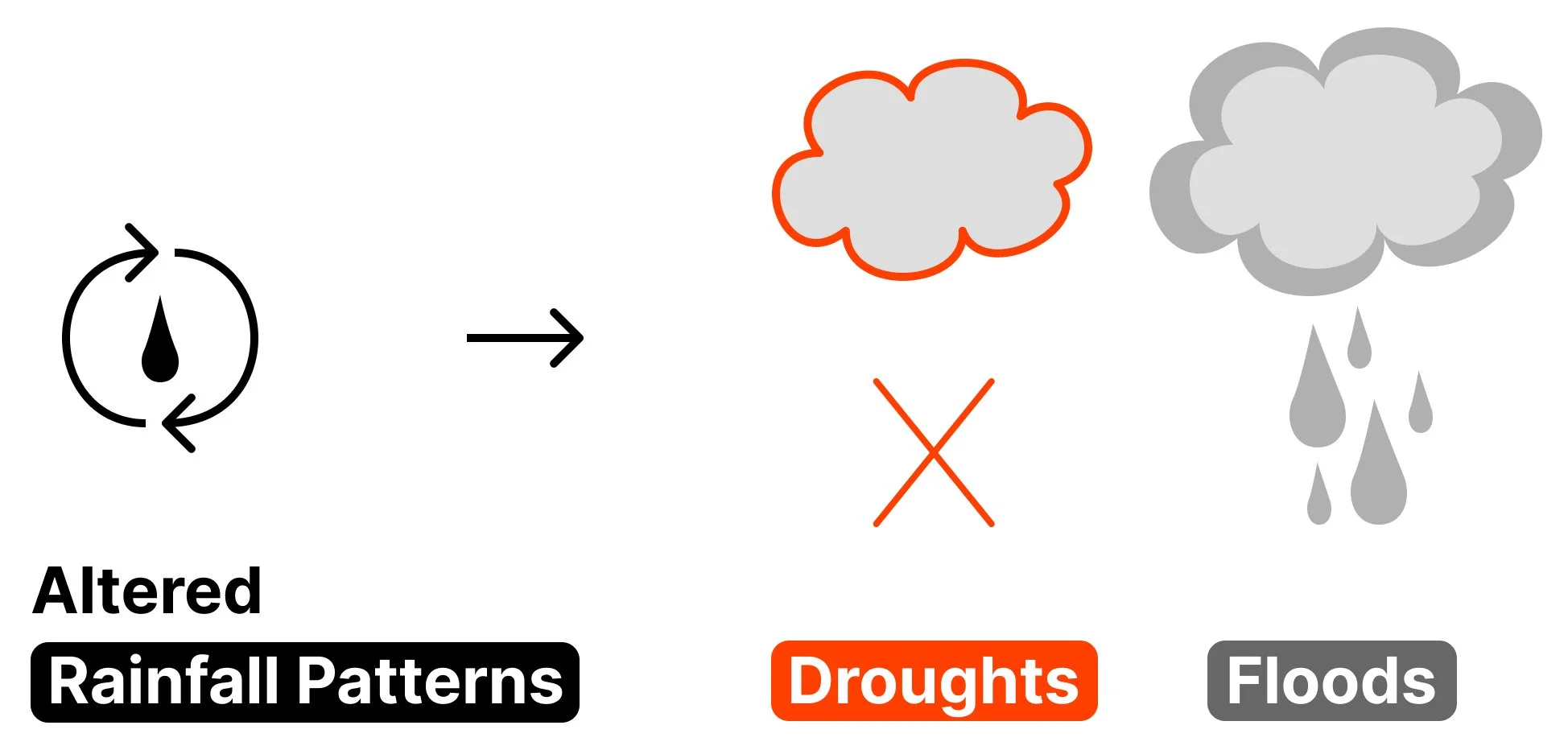 Illustration showing altered rainfall patterns leading to droughts and floods.