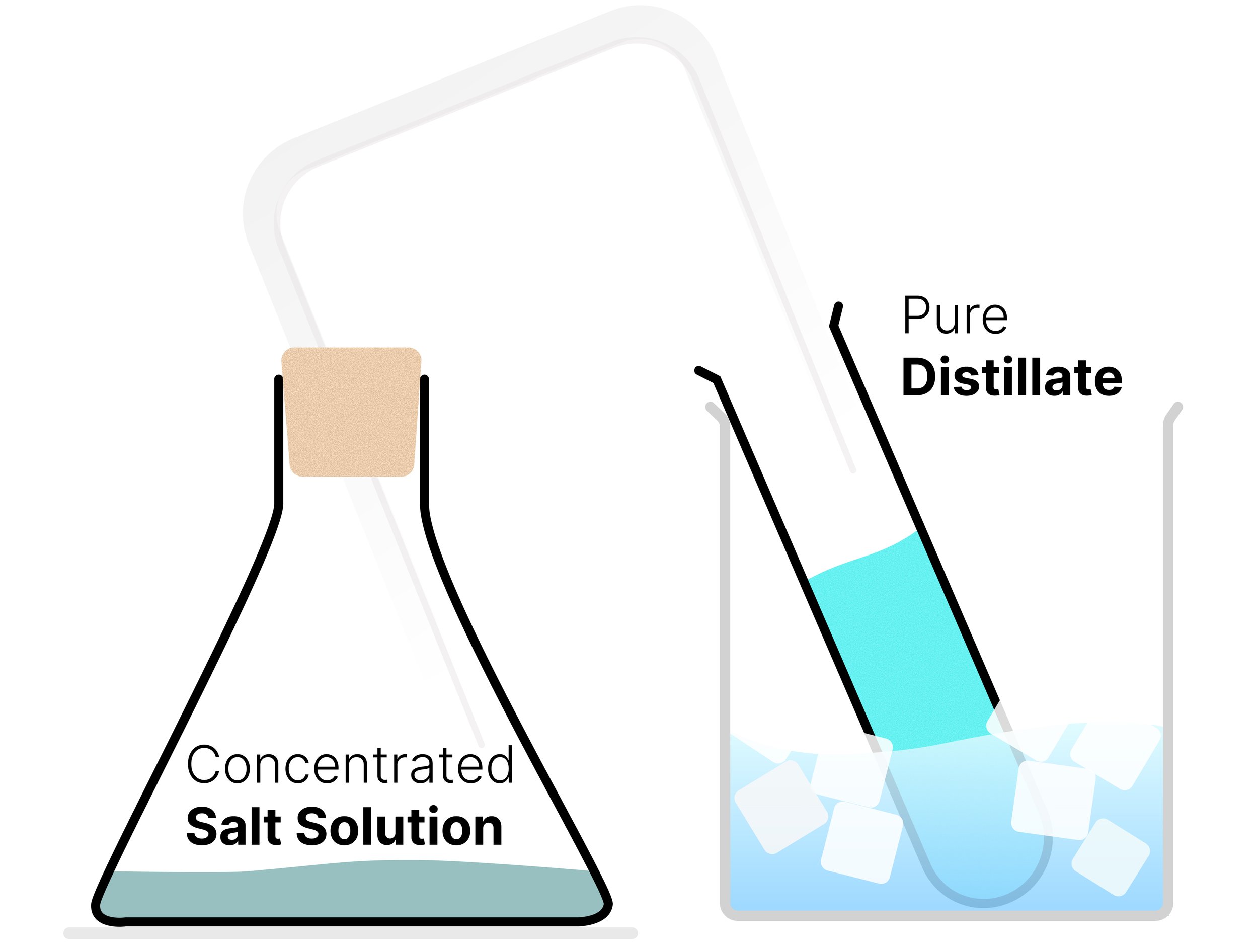 Distillation results showing pure water collected in a receiving test tube while concentrated salt solution remains in the conical flask.