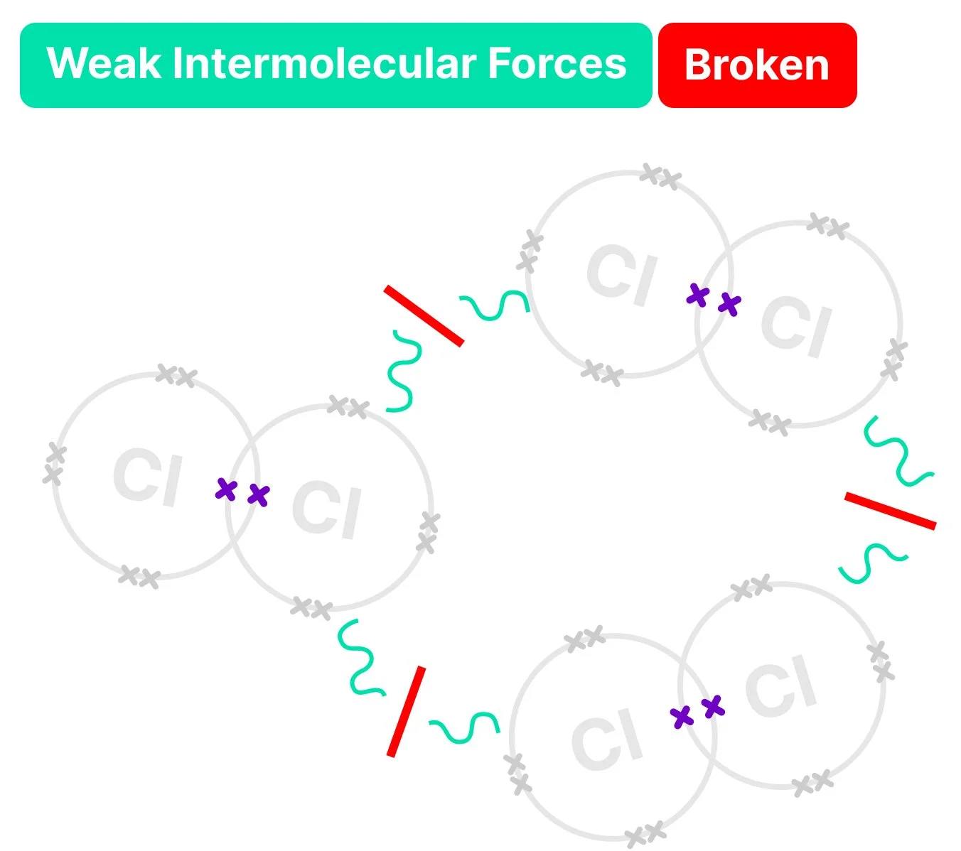 Chlorine's weak intermolecular forces broken to melt or boil it.