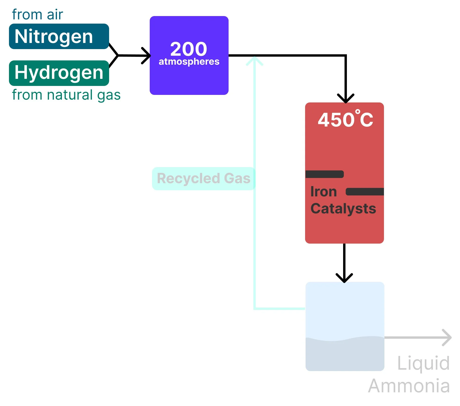 Nitrogen and Hydrogen entering high pressure, high temperature and going through iron bed catalysts. Text reads 200 atmospheres and 450 degrees celsius.