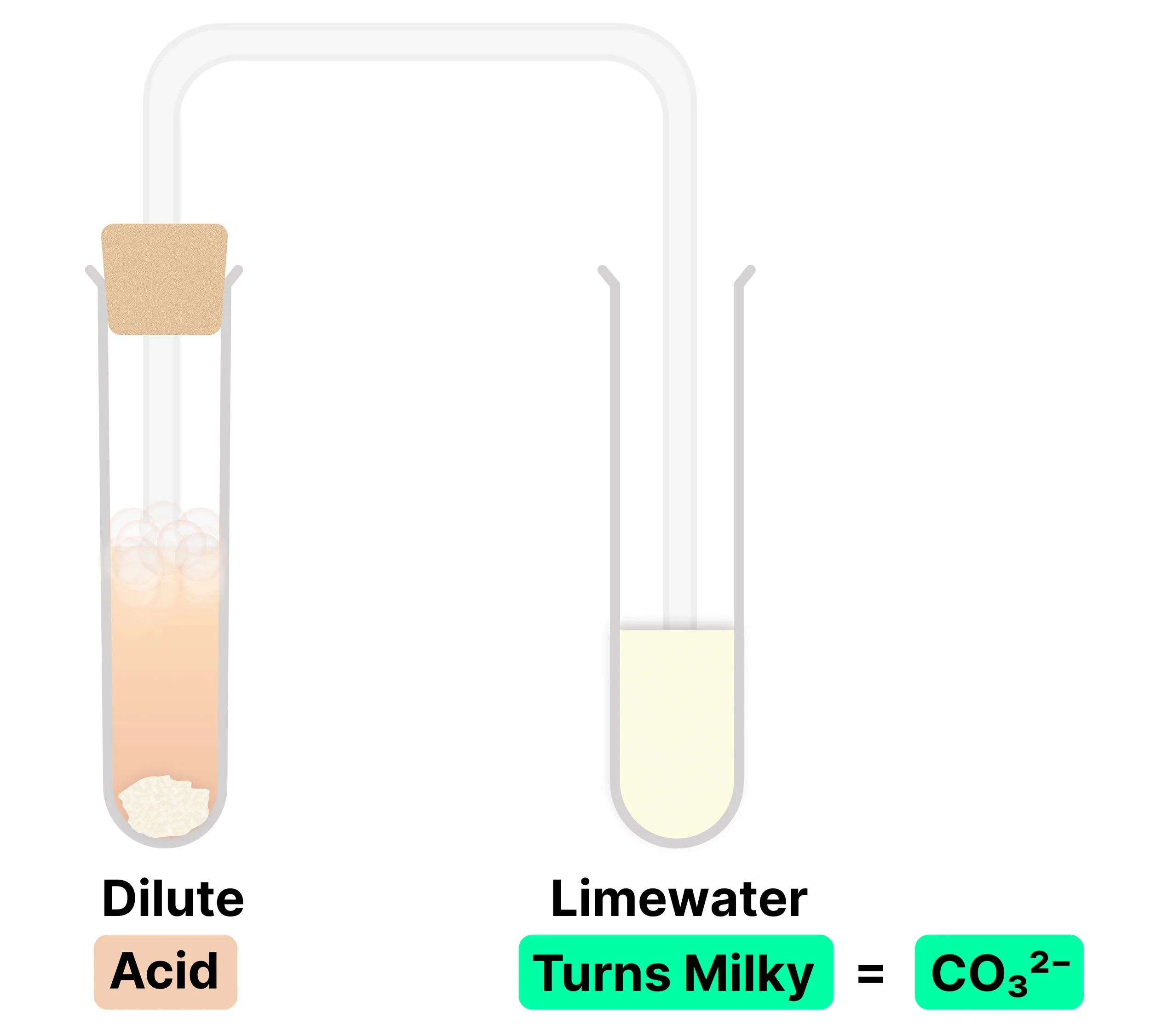 Two test tubes connected with each other, one with dilute acid and the salt being tested and gas is flowing to the other test tube which has limewater. Text reads limewater turns milky = carbonate ions.