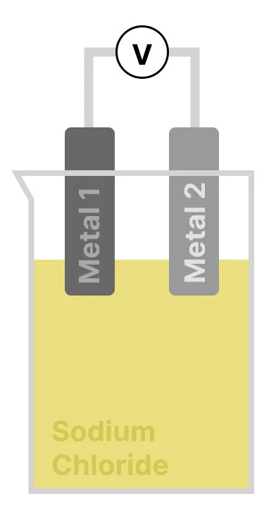 Sodium Chloride solution with two metal electrodes connected to a volt meter to form a fuel cell.