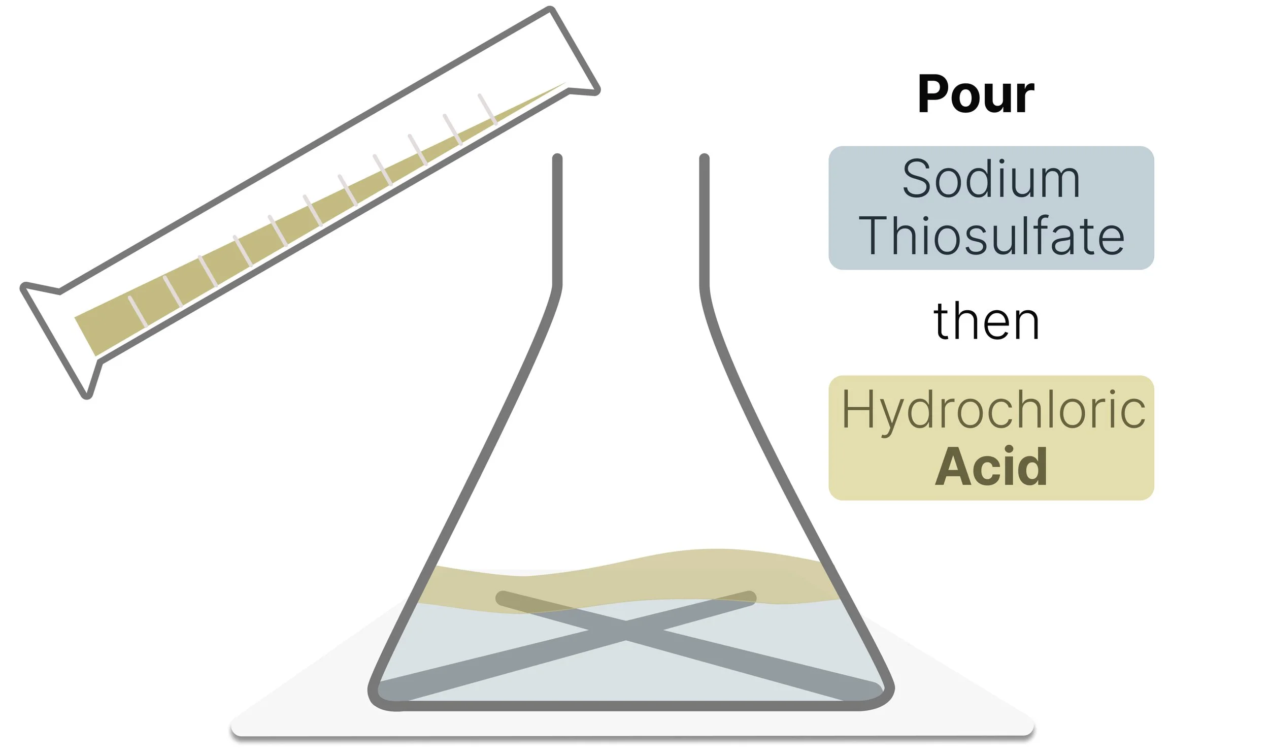 Sodium thiosulfate solution added to a conical flask, followed by hydrochloric acid to begin the disappearing-cross reaction.