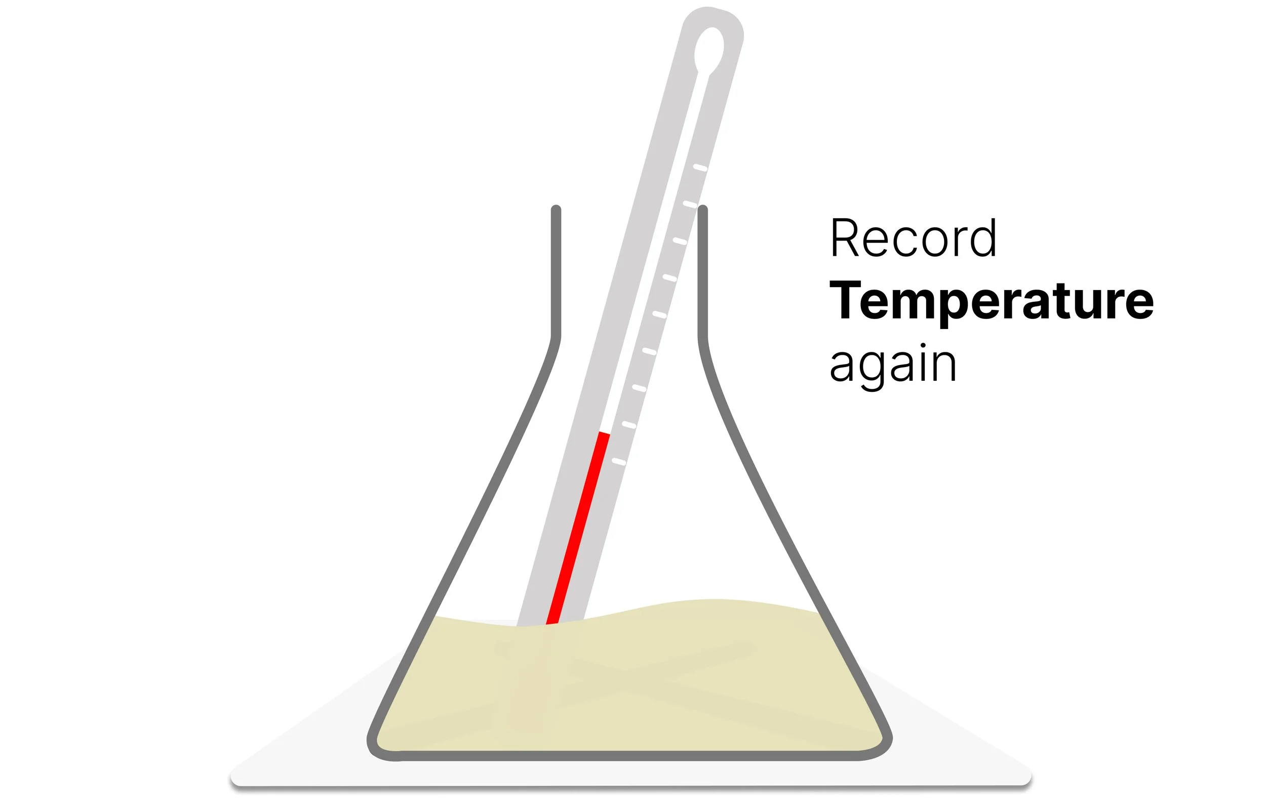 Thermometer measuring the final temperature of the cloudy reaction mixture after the cross disappears.