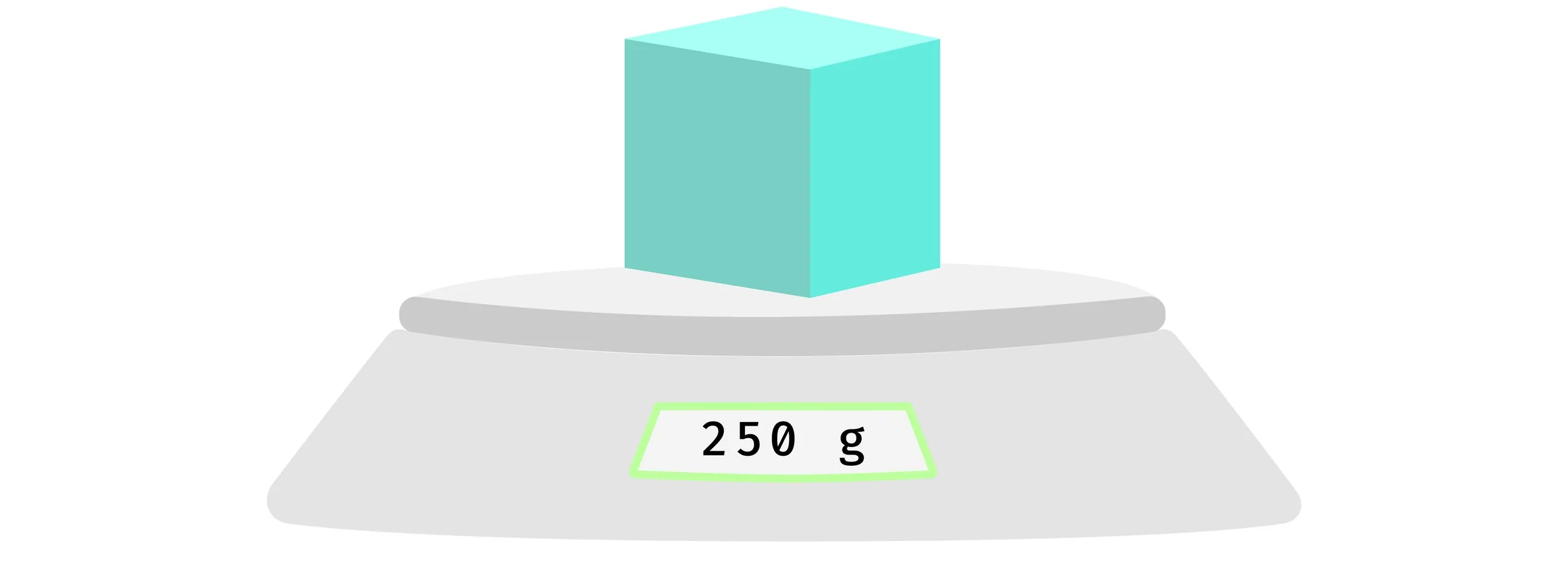 Cube on a digital balance showing a mass of 250 g for the GCSE density required practical.