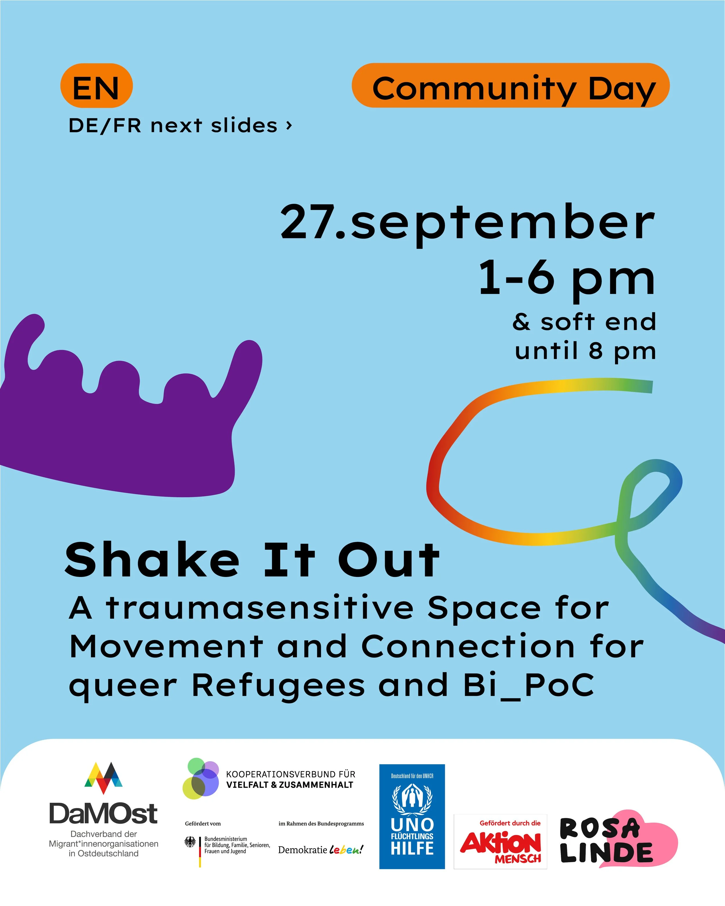 Shake it out! Community Day / Une Journée en communauté. A trauma sensitive Space for Movement and Connection for queer refugees and Bi_PoC