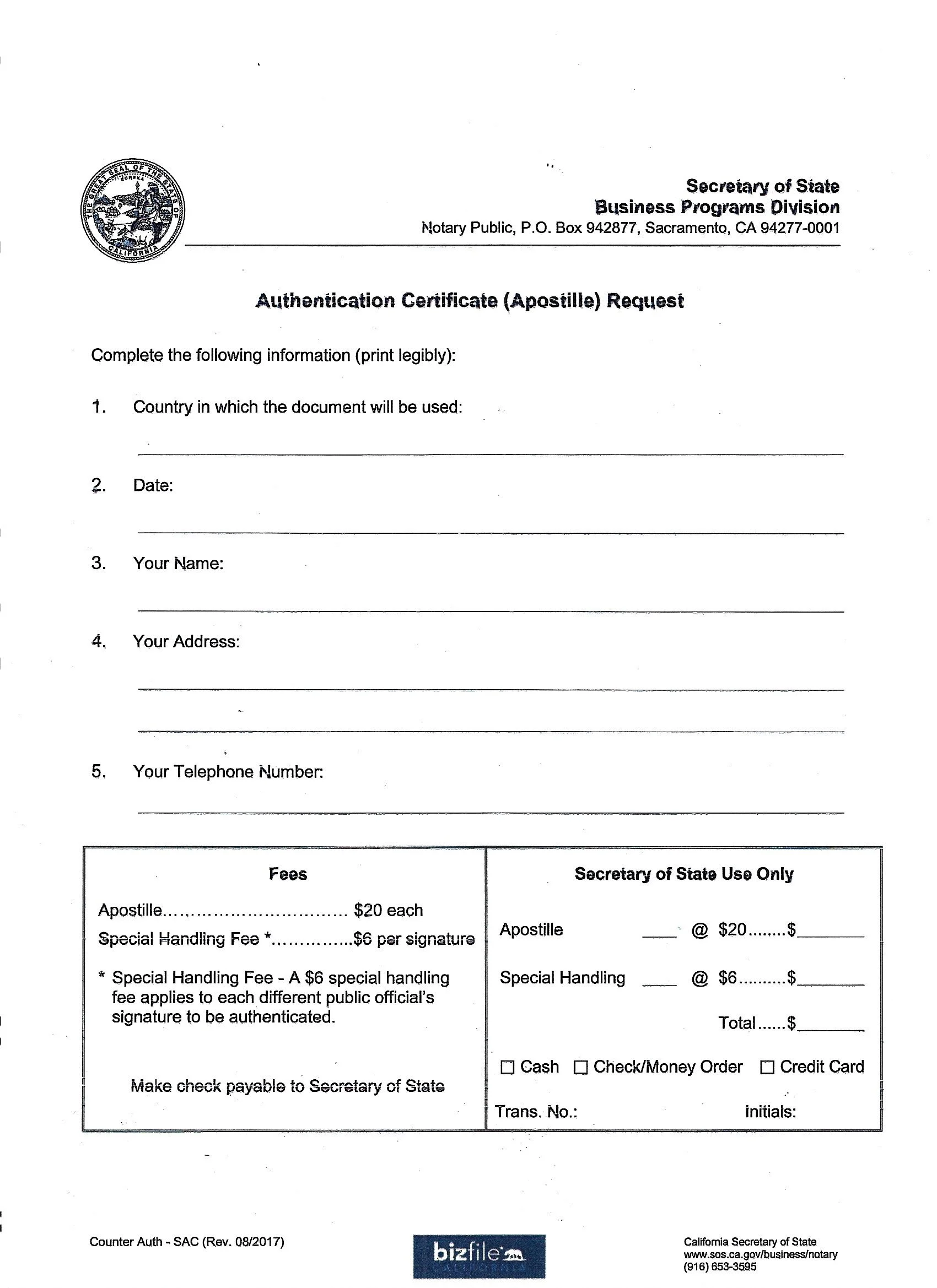SECRETARY OF STATE APOSTILLE FEE