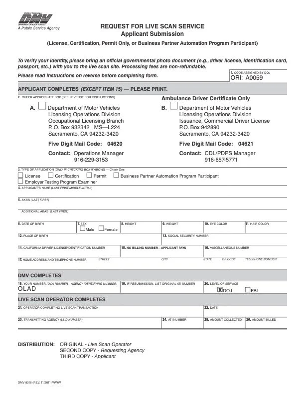AMBULANCE DRIVER LICENSE LIVE SCAN