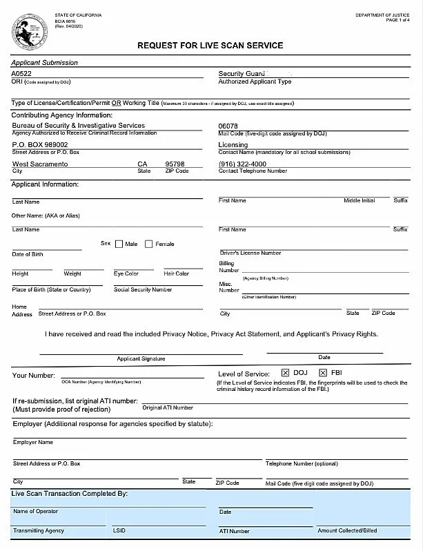 SECURITY LICENSE LIVE SCAN