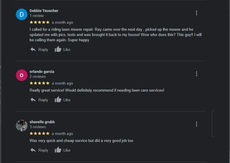 Screenshot of three customer reviews about lawn care services, with five-star ratings and positive comments.