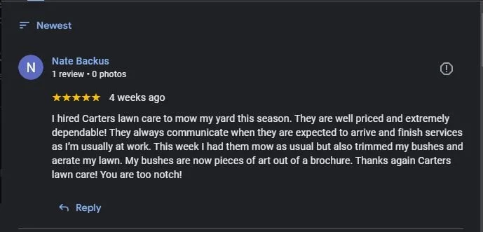 Screenshot of a positive review for Carters lawn care, praising their lawn mowing service.