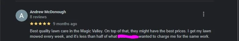Screenshot of a Google review by Andrew McDonough praising a lawn care service in Magic Valley.