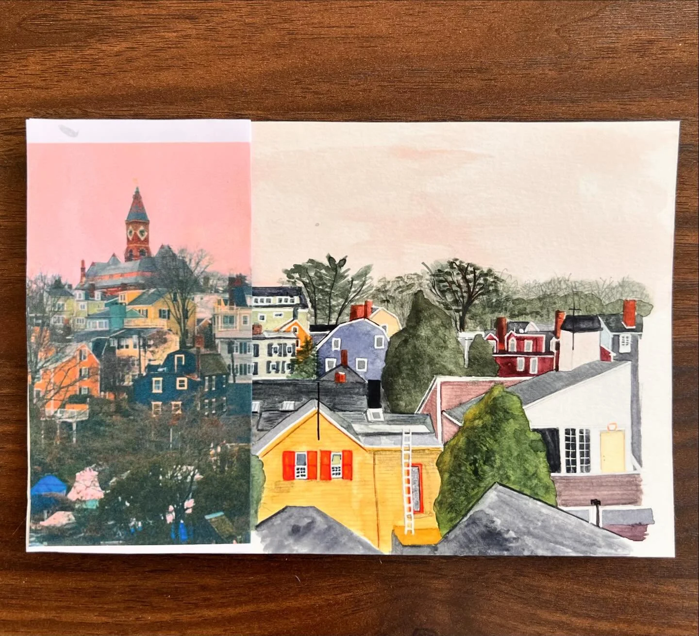 A 1/3 photo 2/3 watercolor study of a view in Marblehead, MA from about 4 years ago! Sweet find in my family&rsquo;s home during my visit 🏠 🌅🖌️ I either got too in my head to finish it or the photo was too beautiful to try to capture with paint! P