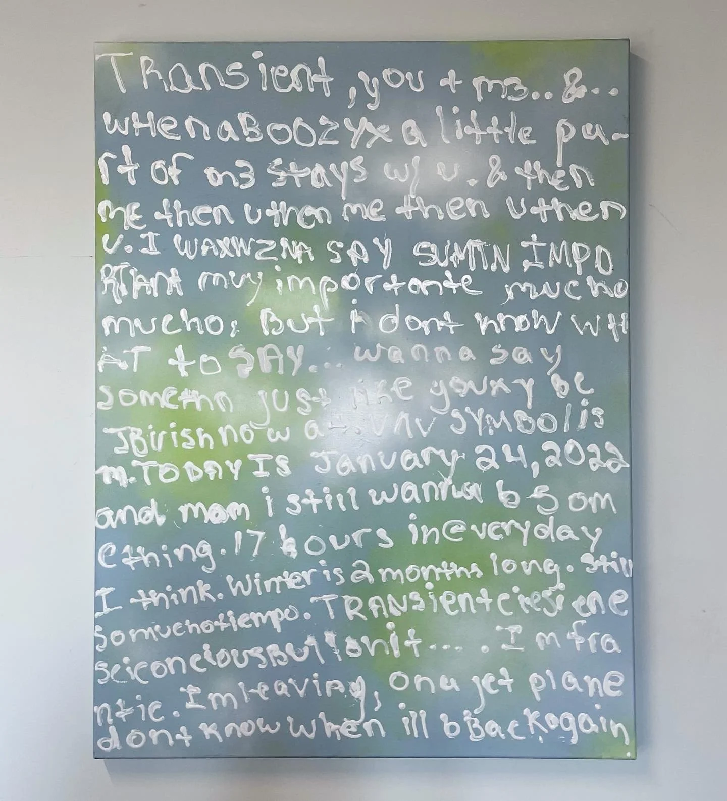  
 

 
 
 
h1 {text-align: center;}
p {text-align: center;}
 
 
 

  
 Run-ons, 36x48in., Acrylic paint and spray paint on canvas, 2021 

 
 