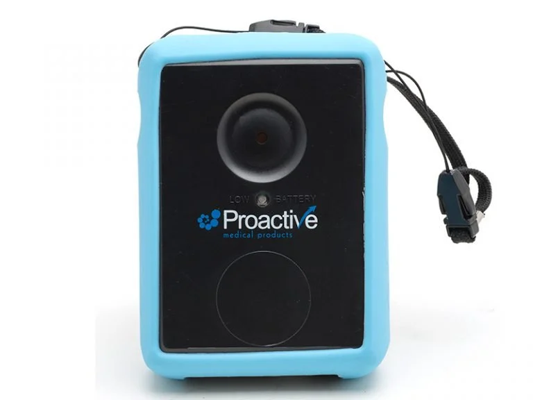 Black medical device with blue protective casing and lanyard, displaying a logo that reads 'Proactive medical products'.