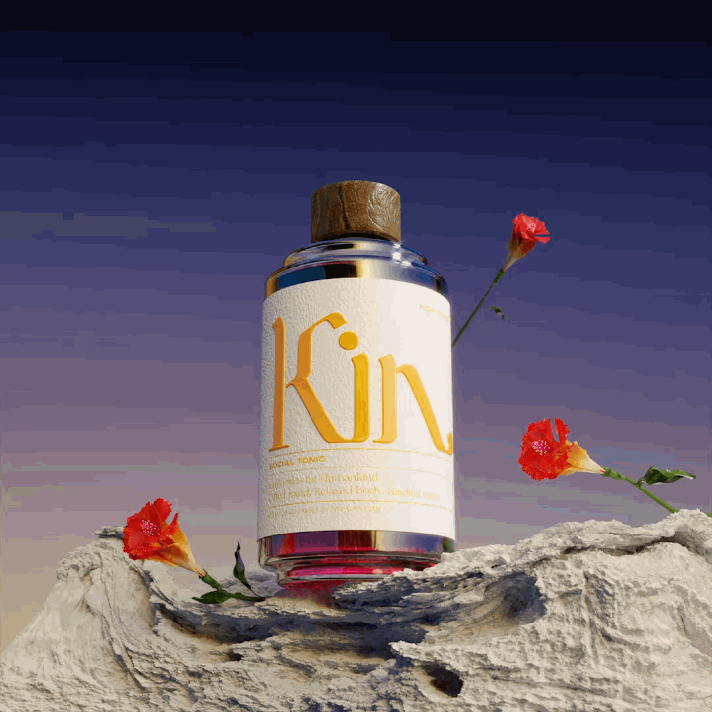 A bottle labeled 'Kìn' placed on a rocky surface with three red flowers around it, against a twilight sky background.