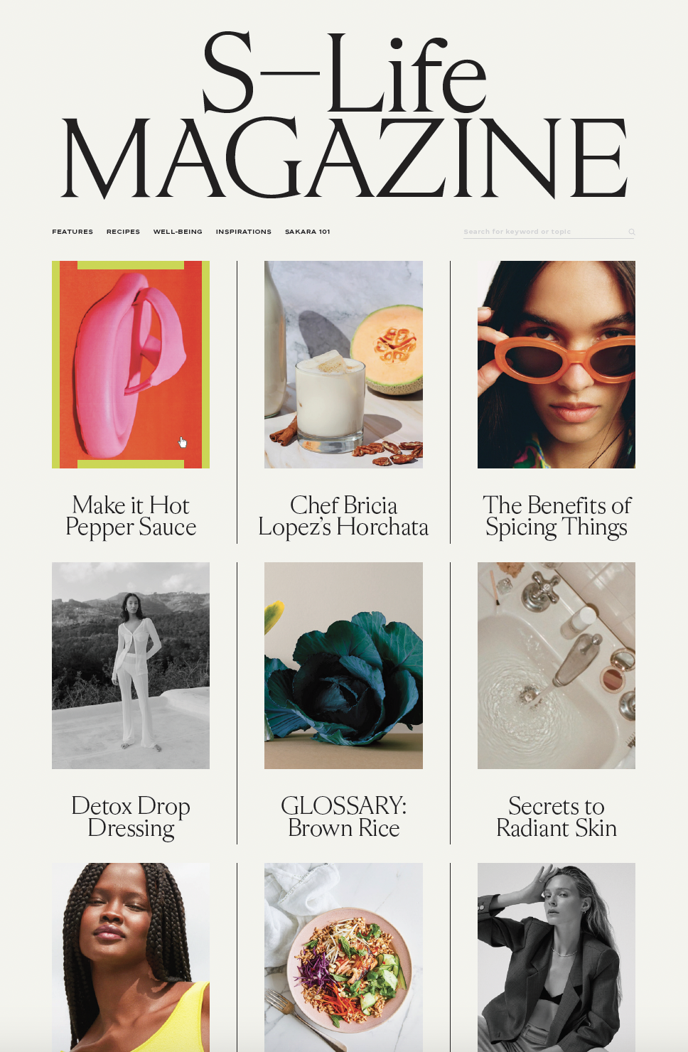 Screenshot of S-Life Magazine homepage featuring articles on food, fashion, health, and wellness, with images of a pink object, a drink, a woman with sunglasses, a woman in white attire, a blue cabbage, a bathroom sink, a woman with braids, a salad, and a woman in a blazer.