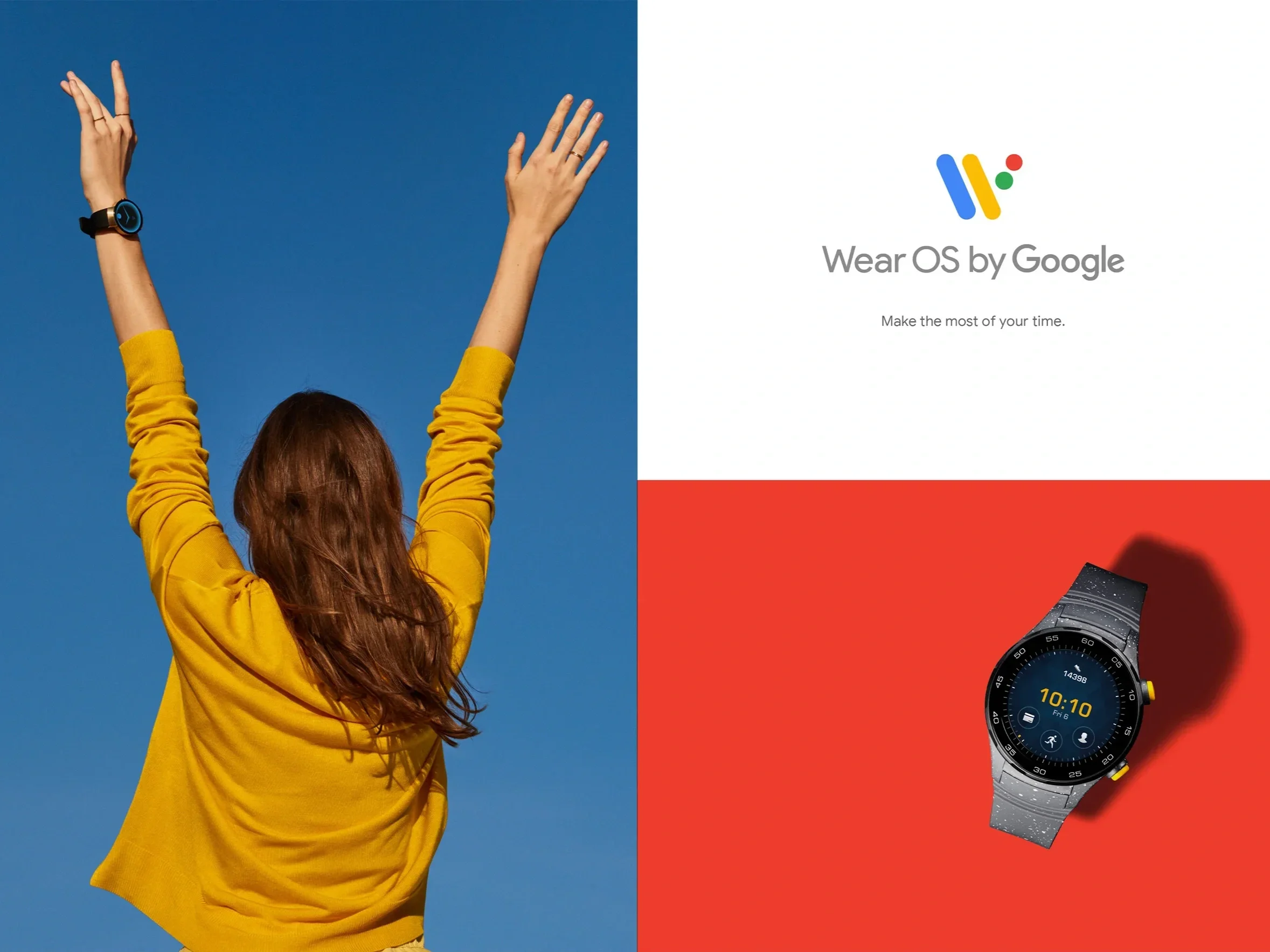 A woman with red hair wearing a yellow sweater and a fitness tracker on her left wrist, raising her arms against a blue sky, with a side graphic of the Wear OS by Google logo, a smartwatch displaying the time 10:10, and a red background.