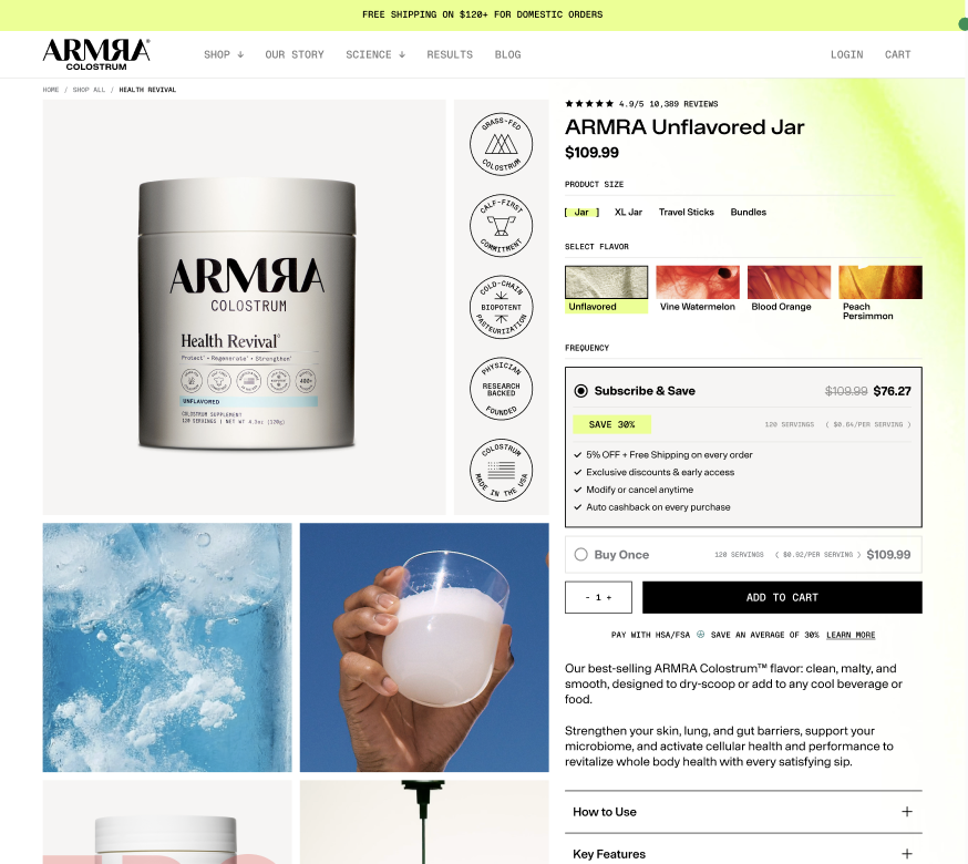 Screenshot of the ARMRA Colostrum product page featuring the ARMRA Unflavored Jar, a health supplement, with options to select flavor, subscribe and save, and buy once, along with promotional information and some related images.