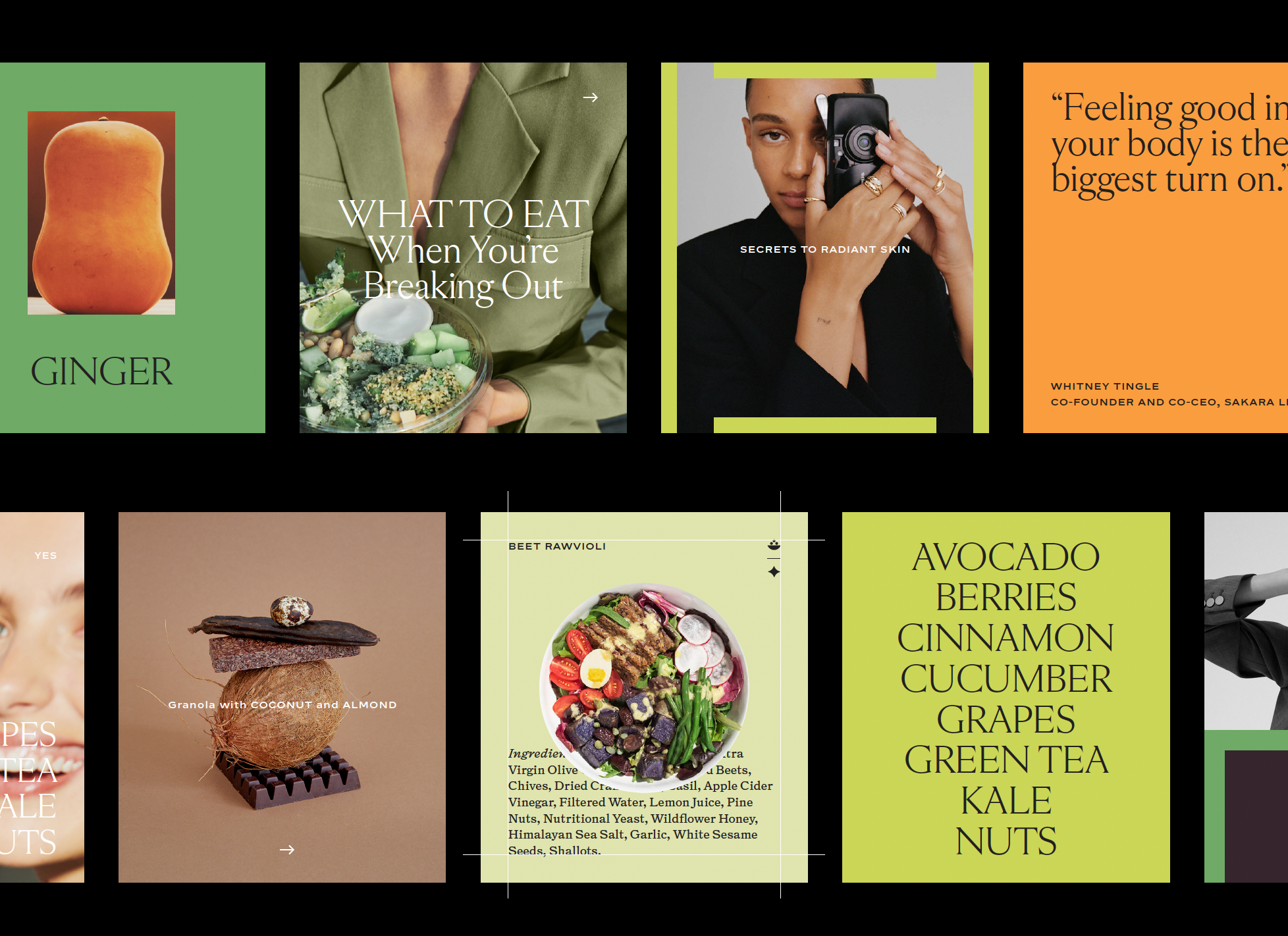 Collage of various health and food-related images and text, including a ginger root, a colorful salad, a bowl of raw vegetables, and a list of various healthy foods like avocado, berries, cinnamon, cucumber, grapes, green tea, kale, and nuts.