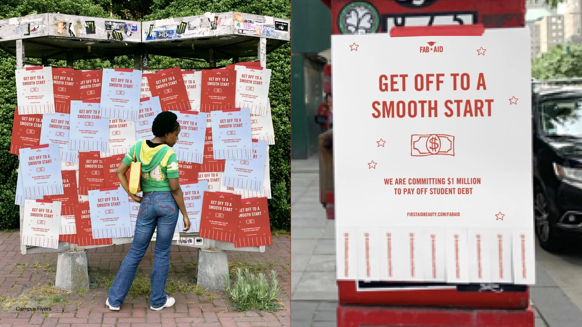 Person looking at flyers and posters with the slogan 'Get off to a smooth start' on a display board. The flyers are red and white, and the sign indicates a commitment of $1 million to pay off student debt. First Aid Beauty