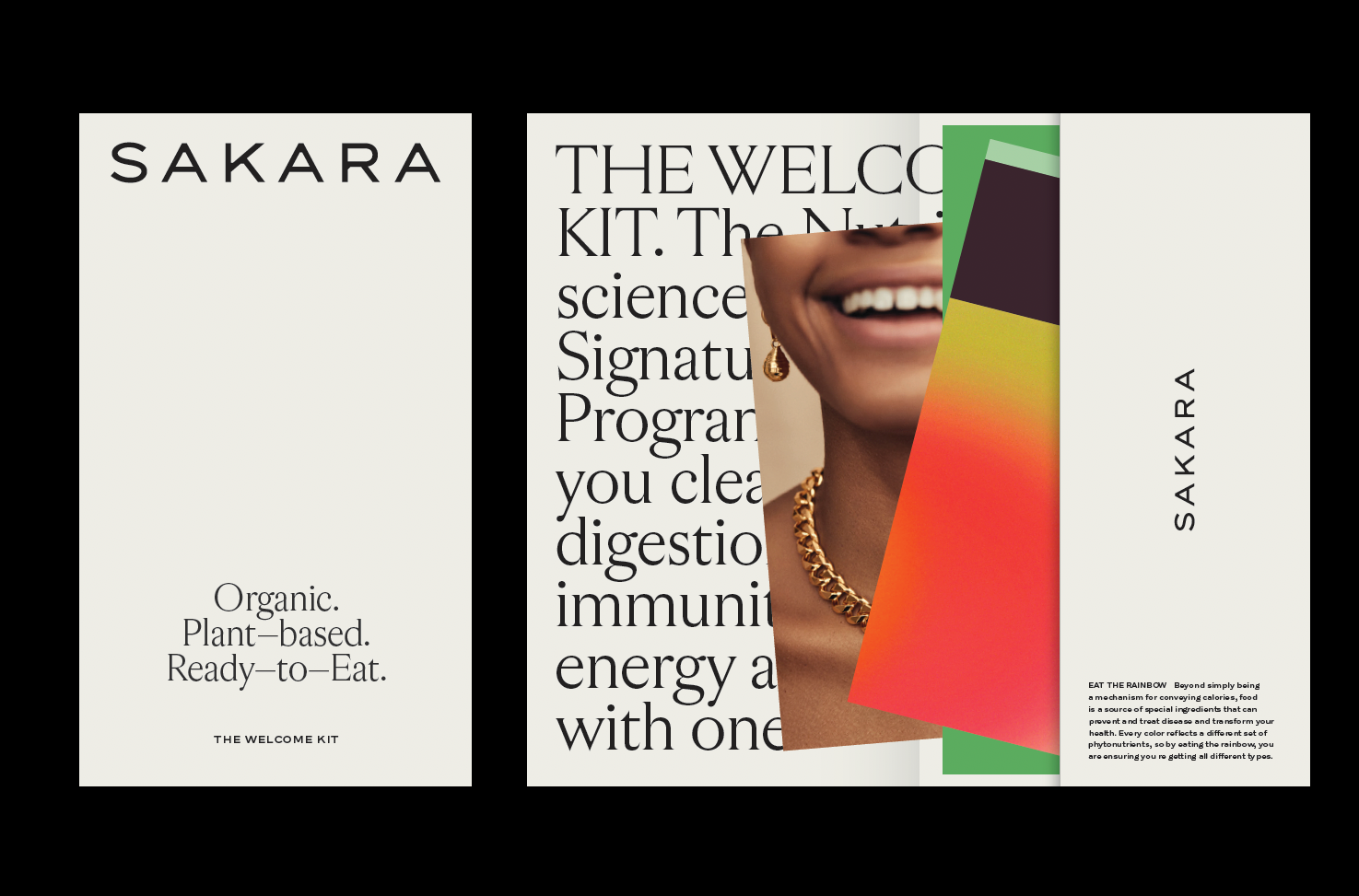 A collage of wellness and health product packaging with a smiling woman's mouth and jewelry in the center, partly obscured by overlapping colorful geometric shapes.