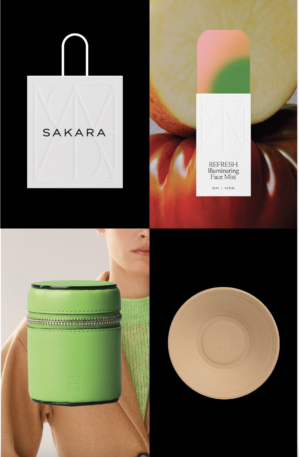 Collage of four images showcasing Sakara skincare and beauty products: top left is a white bag with a handle and the word 'SAKARA', top right is a package of Refresh Illuminating Face Mist with a background of apples and tomatoes, bottom left is a person holding a green cylindrical container with a zipper, and bottom right is a beige bowl with the Sakara logo at the bottom.