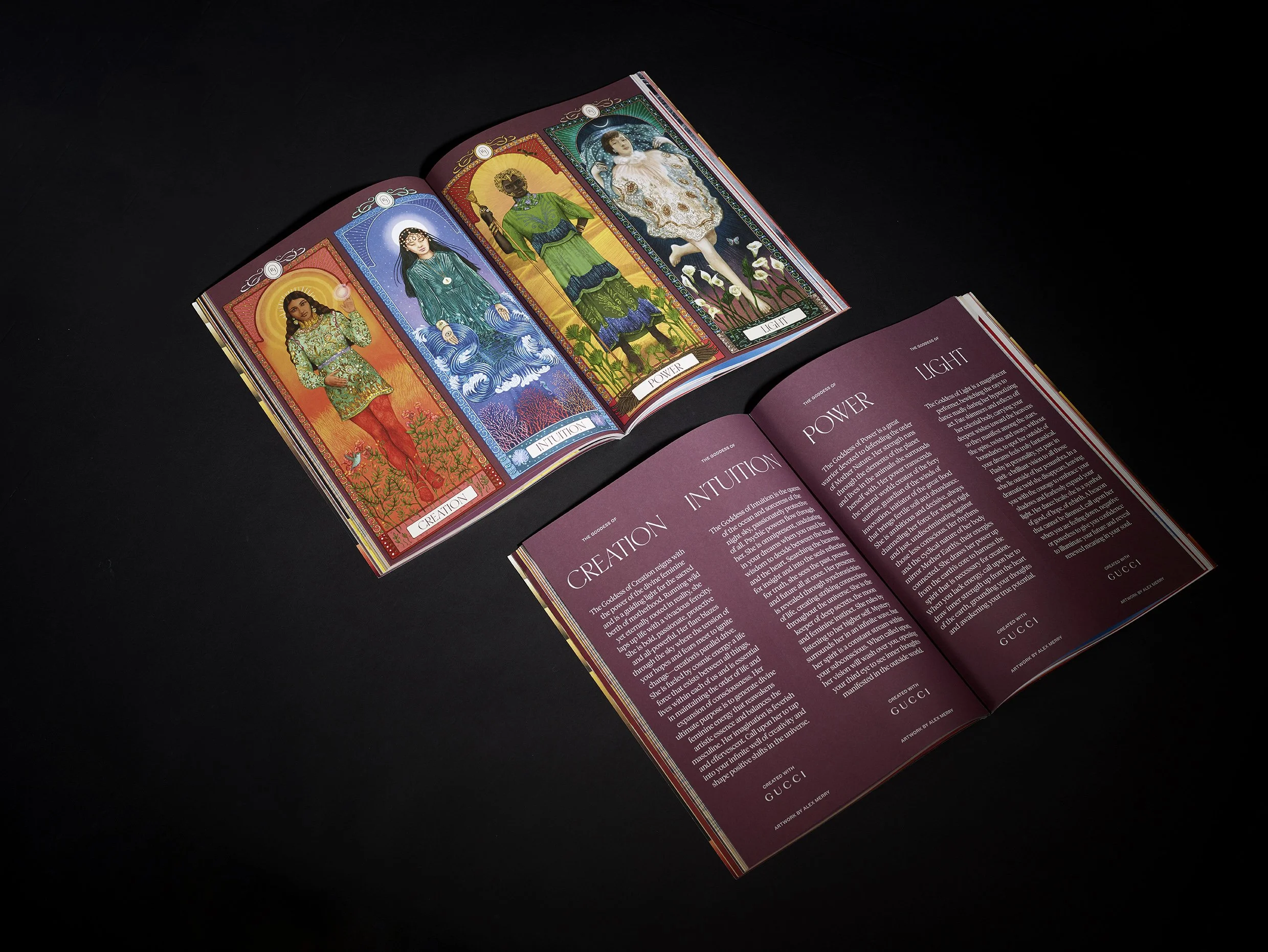 Open magazine pages featuring colorful tarot cards and articles on creation, intuition, power, and light with Gucci branding.