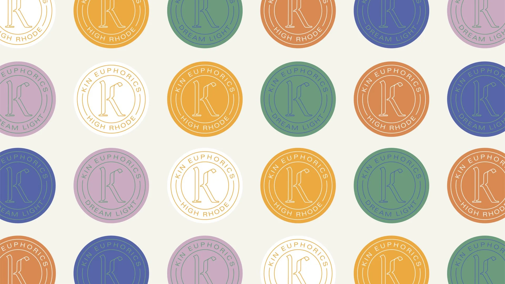 Pattern of colorful circular logos on a light background, each featuring the letter 'K' and phrases 'Kin Euphorics,' 'Dream Light,' and 'High Rhode' in various colors including orange, blue, green, and purple.