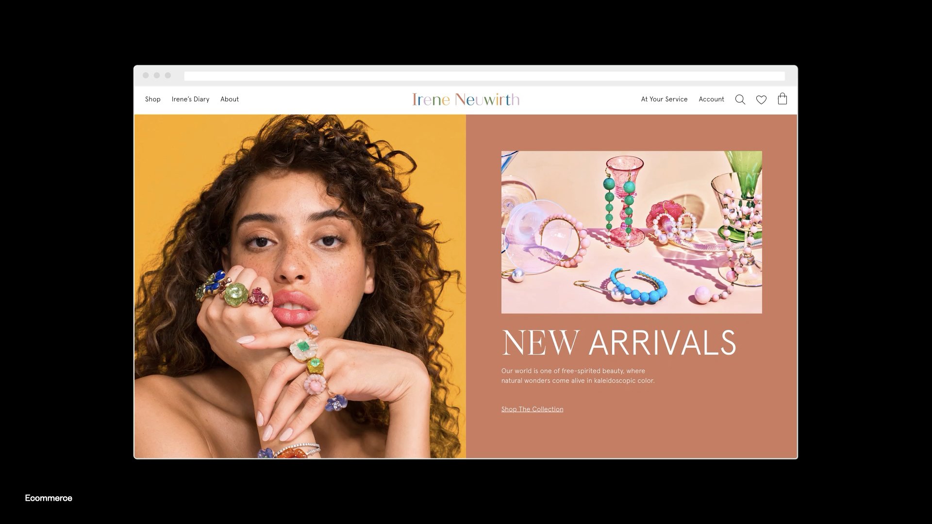 E-commerce website homepage featuring jewelry, including rings worn by a model and a display of necklaces and bracelets, with the text "New Arrivals."