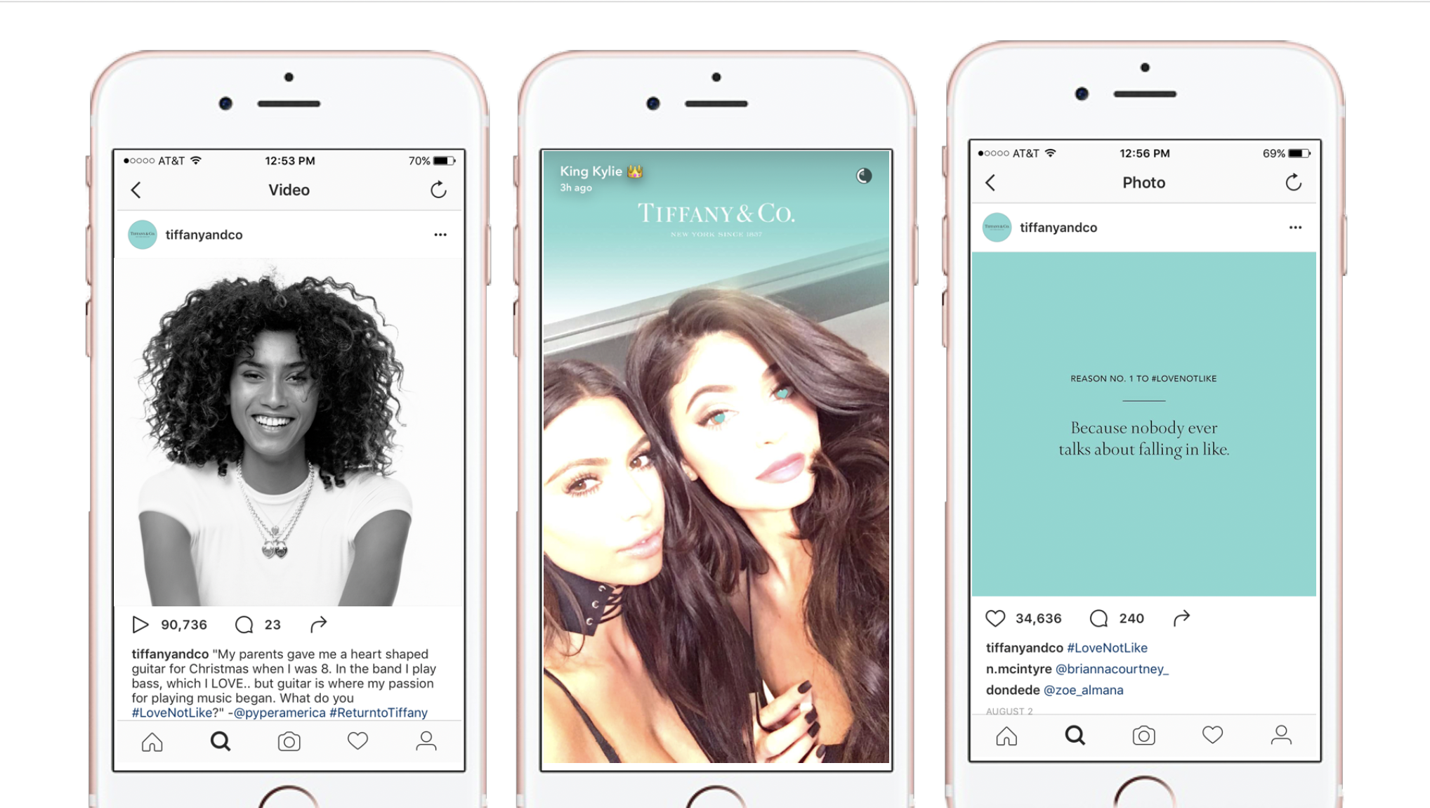 Three smartphones displaying social media posts from Tiffany & Co., showcasing photos of women and quotes, with a pink case and white screen borders.