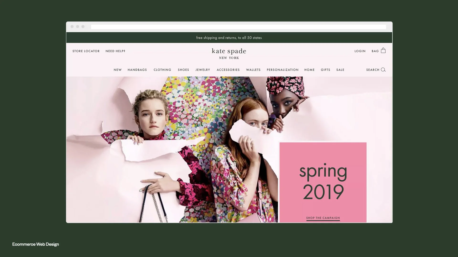 Kate Spade website homepage featuring a colorful spring 2019 campaign with three models peeking through torn paper, dressed in vibrant floral outfits.