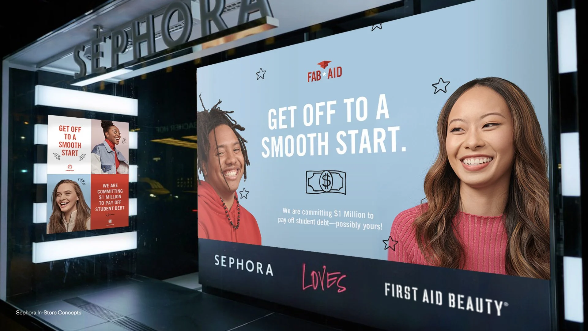 Large digital billboard in front of Sephora store promoting a financial literacy campaign with the slogan, 'Get off to a smooth start.' First Aid Beauty