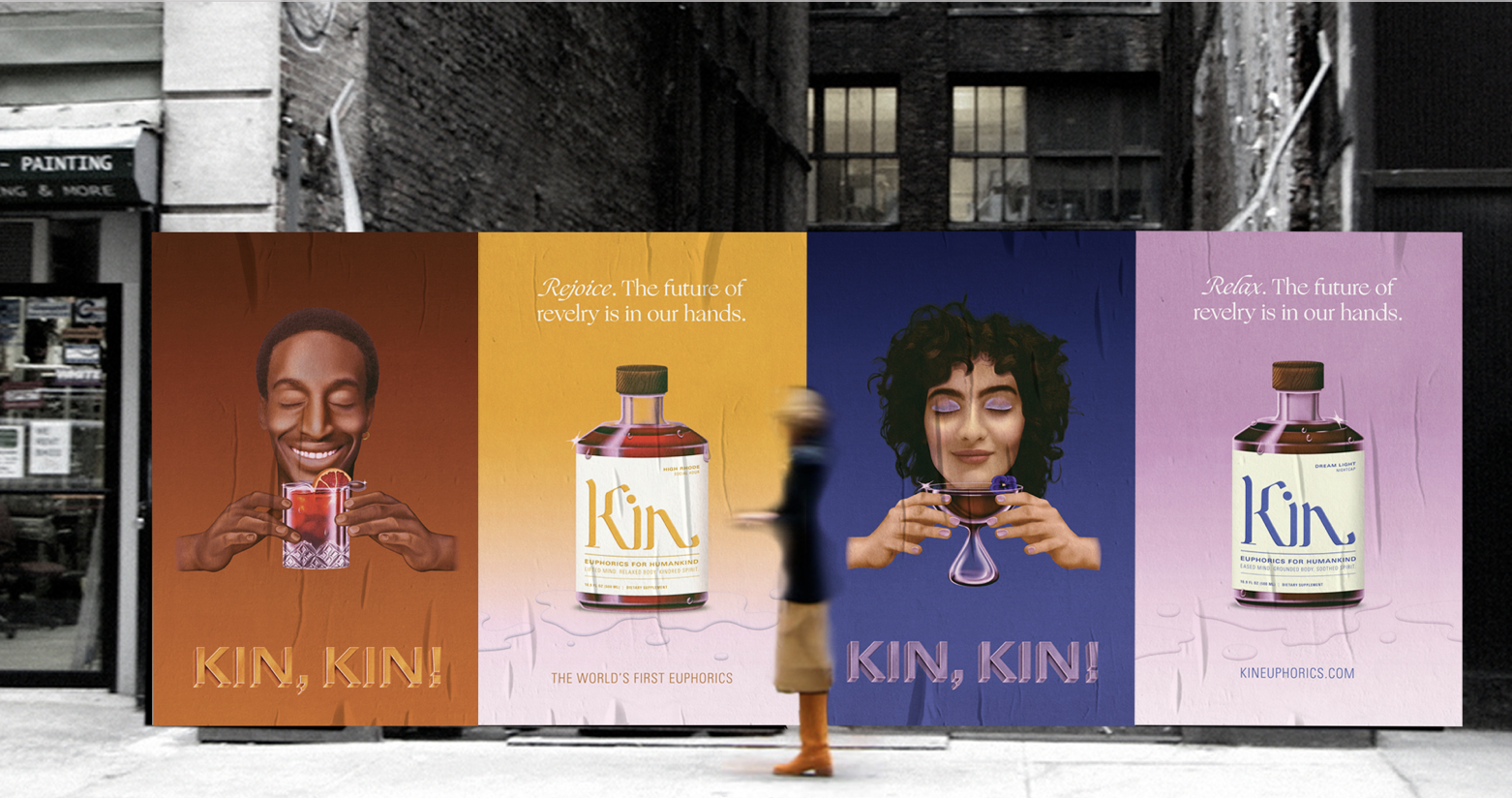 A colorful mural advertisement features two women holding glasses, promoting a product called Kin. The left woman, with dark skin and short hair, is smiling and holding a glass of red drink. The right woman, with curly hair and closed eyes, is holdin