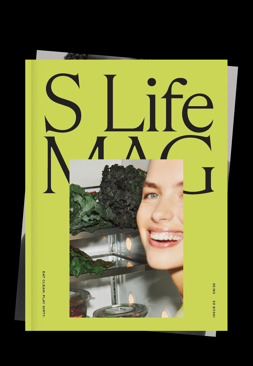 Cover of 'S Life Magazine' with a smiling person and fresh vegetables in a refrigerator.