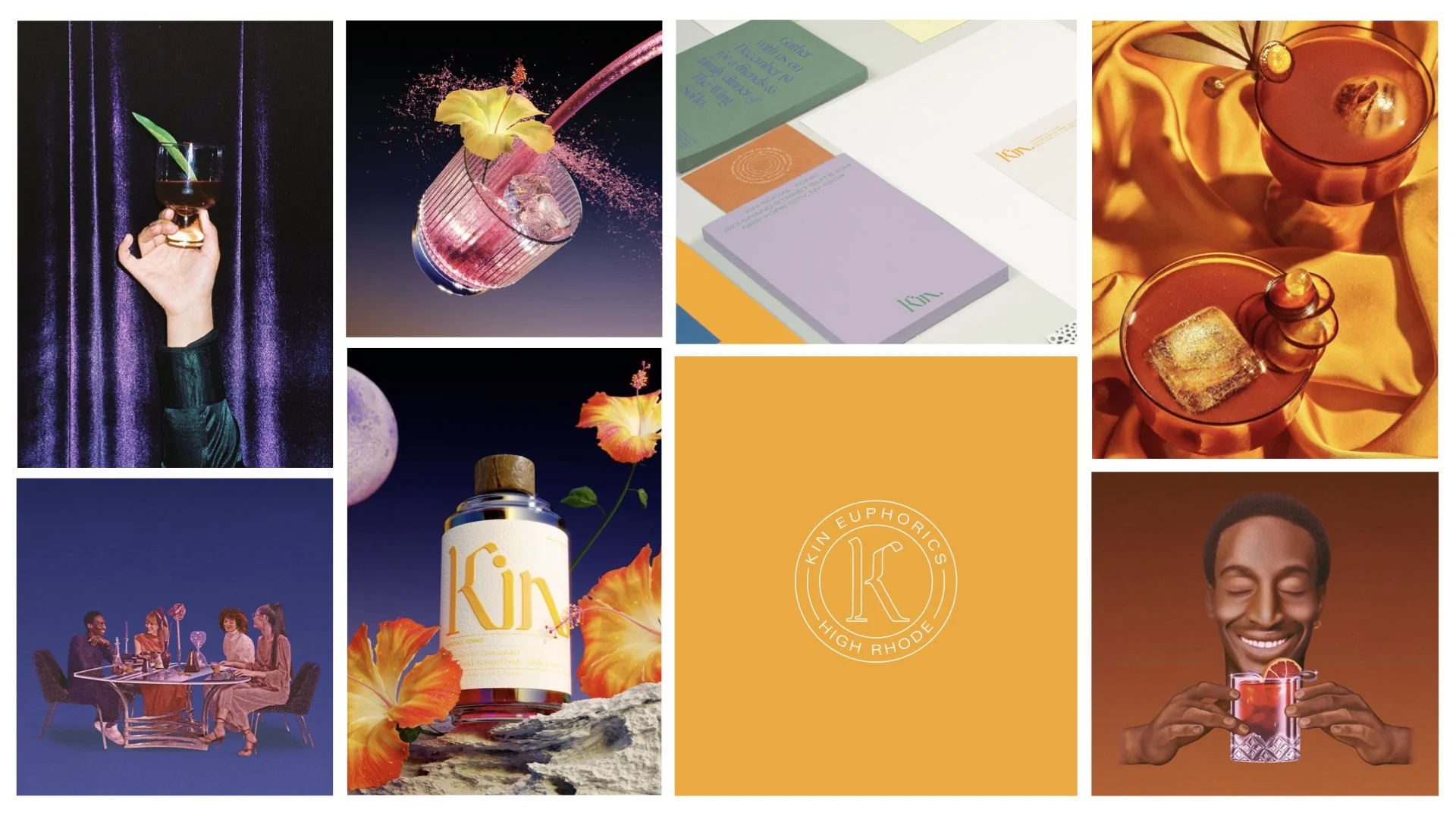 A collage of images including a hand holding a glass of dark cocktail with purple curtains in background, a pink cocktail with a yellow flower garnish, a collection of stationery and notebooks, two cocktails with ice on a golden fabric, three women s