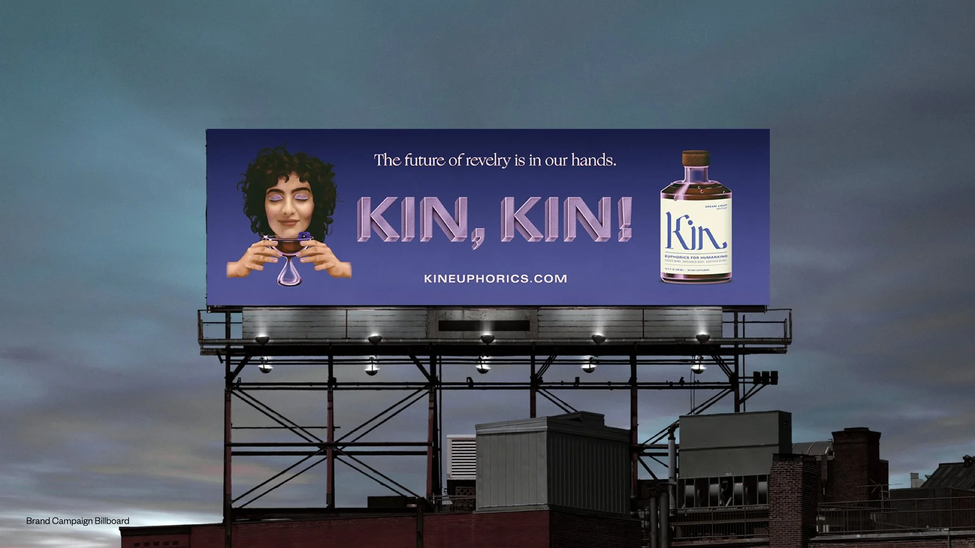 Billboard advertisement for a product called Kin featuring a woman with curly hair holding a purple object, with bold purple text saying 'KIN, KIN!' and a bottle labeled 'Kin' on a purple background, with the website KINEUPHORICS.COM