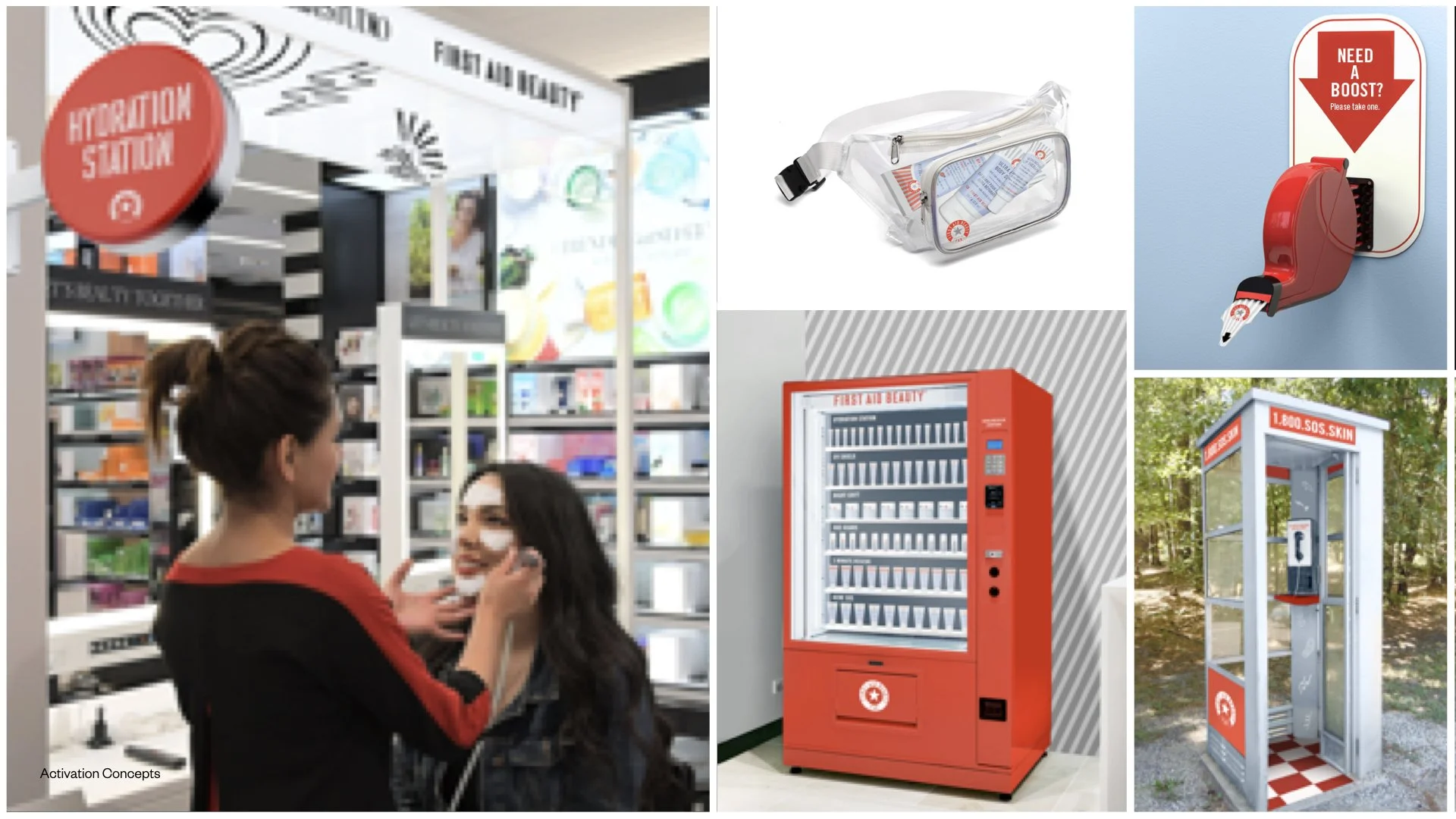 Display of first aid and emergency equipment including a hydration station, a clear plastic bag with medical supplies, a red first aid vending machine, a red first aid capsule dispenser, and a red emergency telephone booth. First Aid Beauty