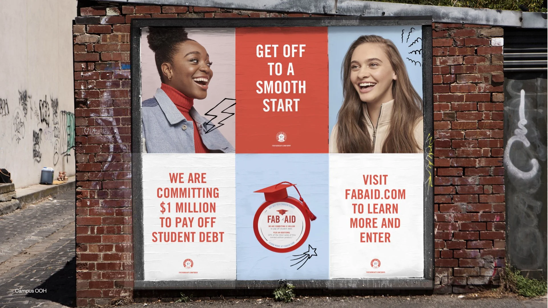 A brick wall with an advertisement poster promoting a student loan repayment program. The poster features two women smiling and has text that reads 'Get off to a smooth start,' 'We are committing $1 million to pay off student debt,' and 'Visit fabaid